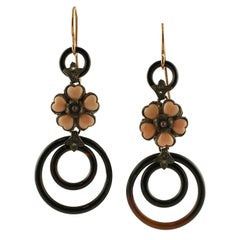 Coral Flowers, Onyx Rings, Diamonds 9 Karat Rose Gold and Silver Dangle Earrings