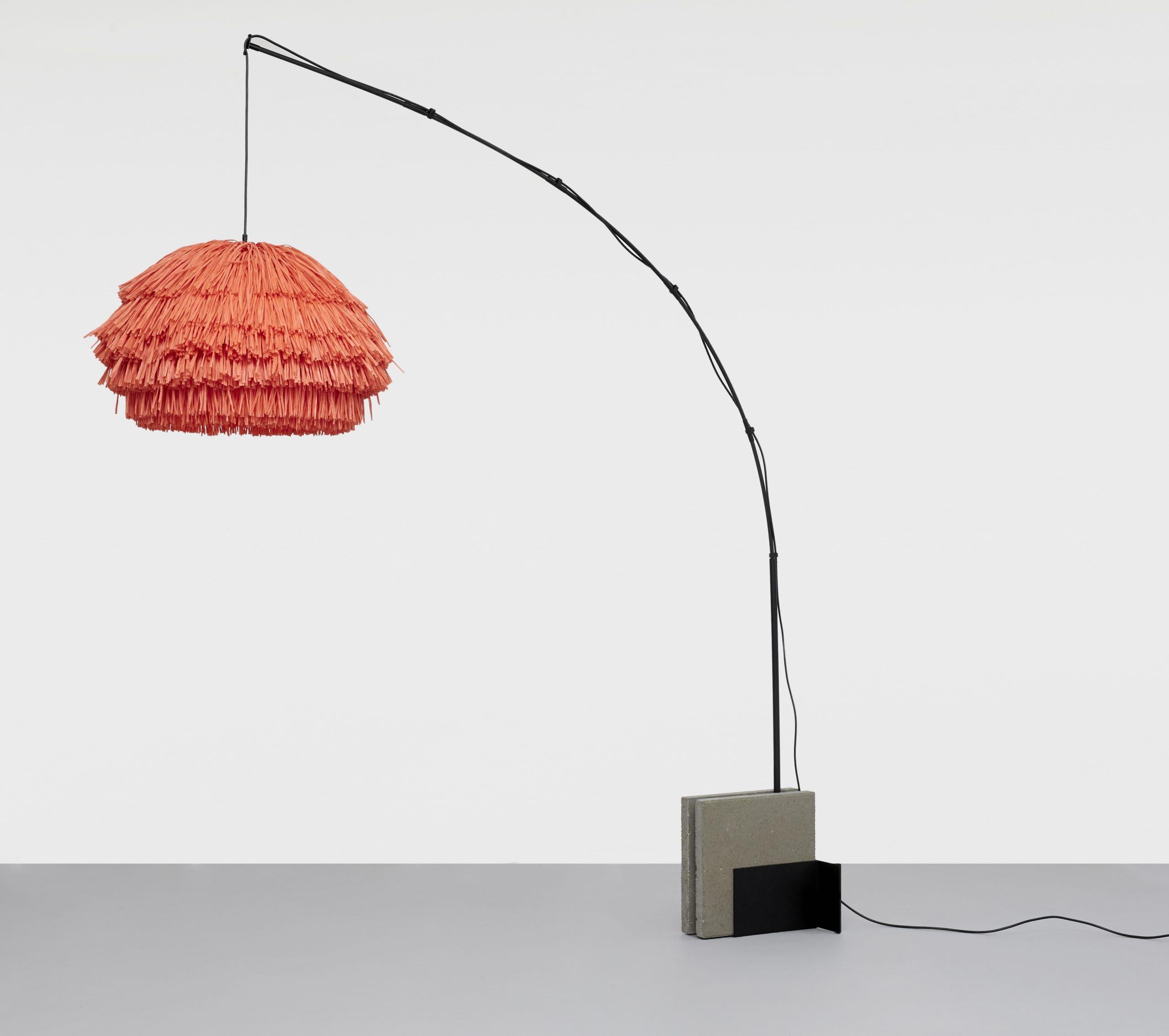 Coral Fran CS stand floor lamp by Llot Llov
Handcrafted light object
Dimensions: D 65 x W 205.8 x H 250 cm
Materials: raffia fringes, glass fiber, steel, concrete
Colour: coral
Also available in green, beige, black.

Another member of the