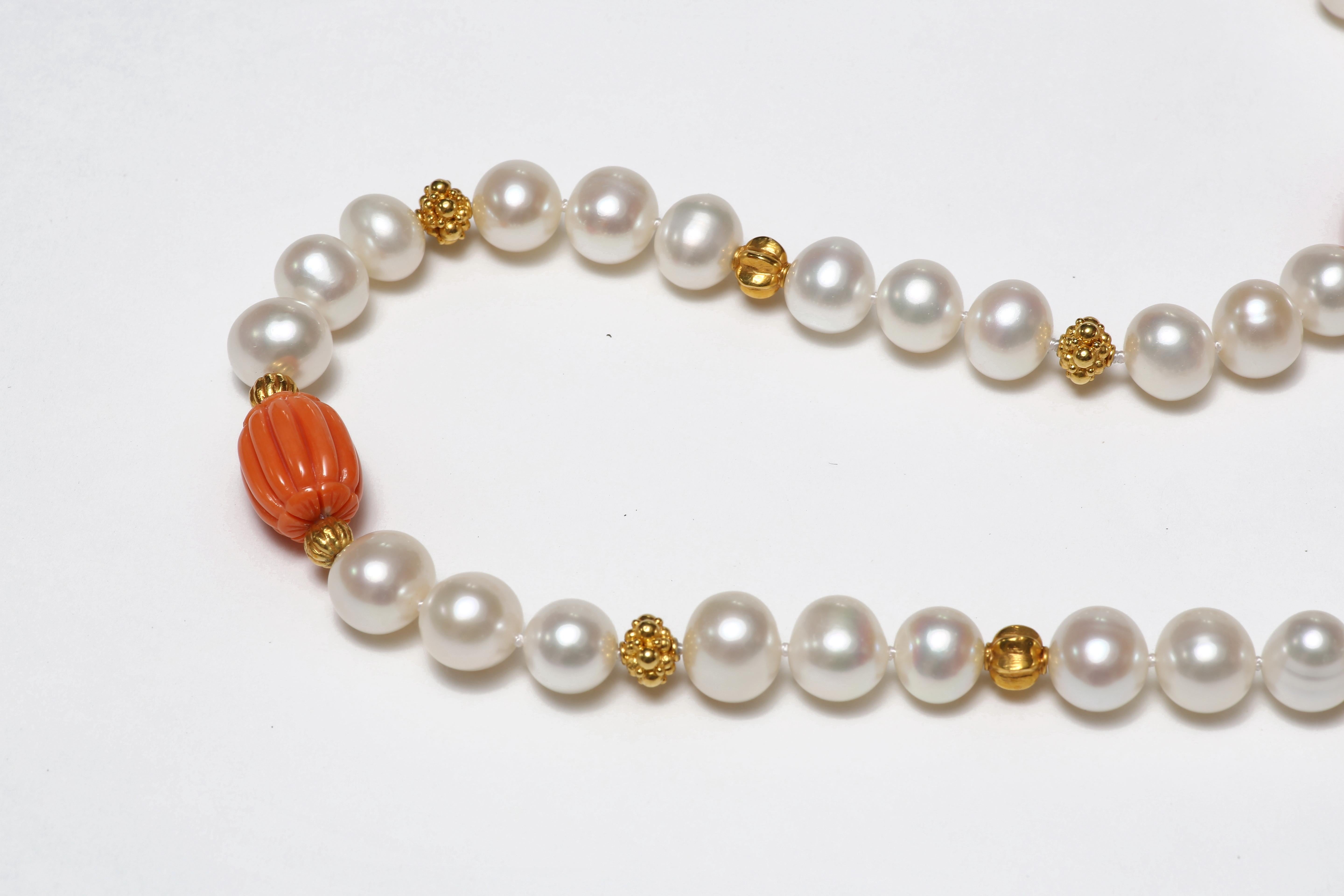 Contemporary Coral, Freshwater Pearl and Gold Necklace For Sale