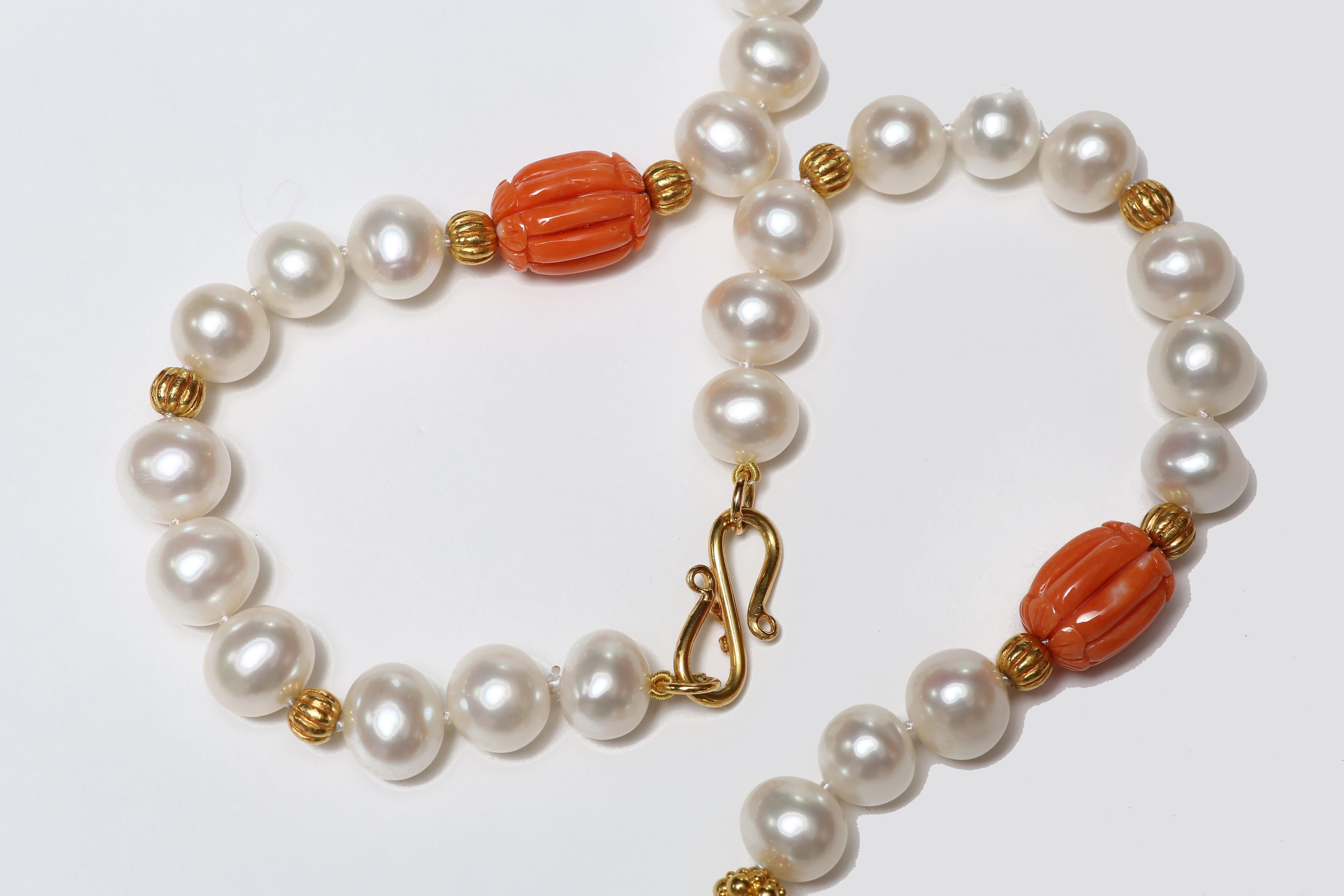 Bead Coral, Freshwater Pearl and Gold Necklace For Sale