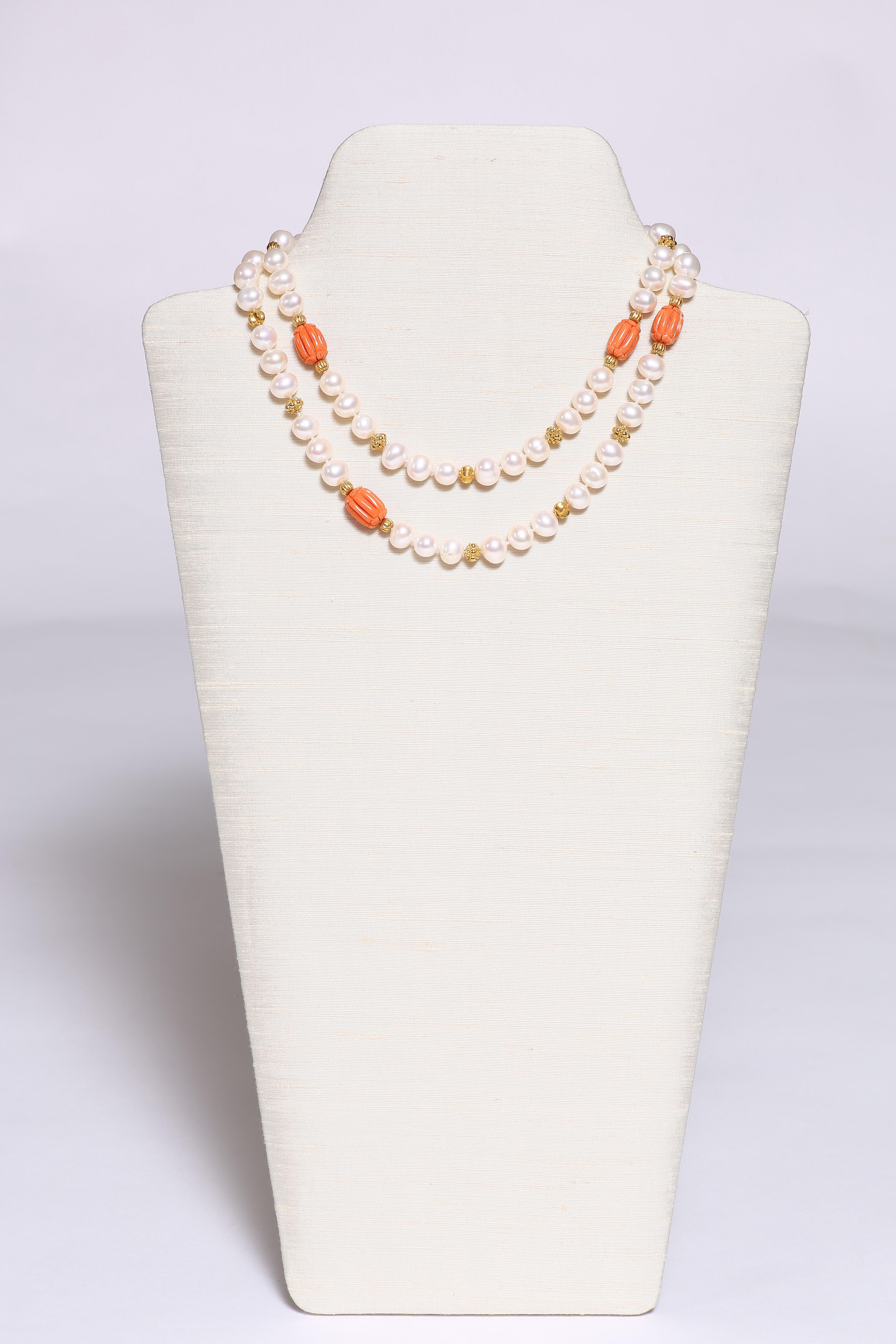 Women's Coral, Freshwater Pearl and Gold Necklace For Sale