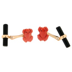 Coral Frog 18 Karat Yellow Gold Onyx Barrel Cufflinks