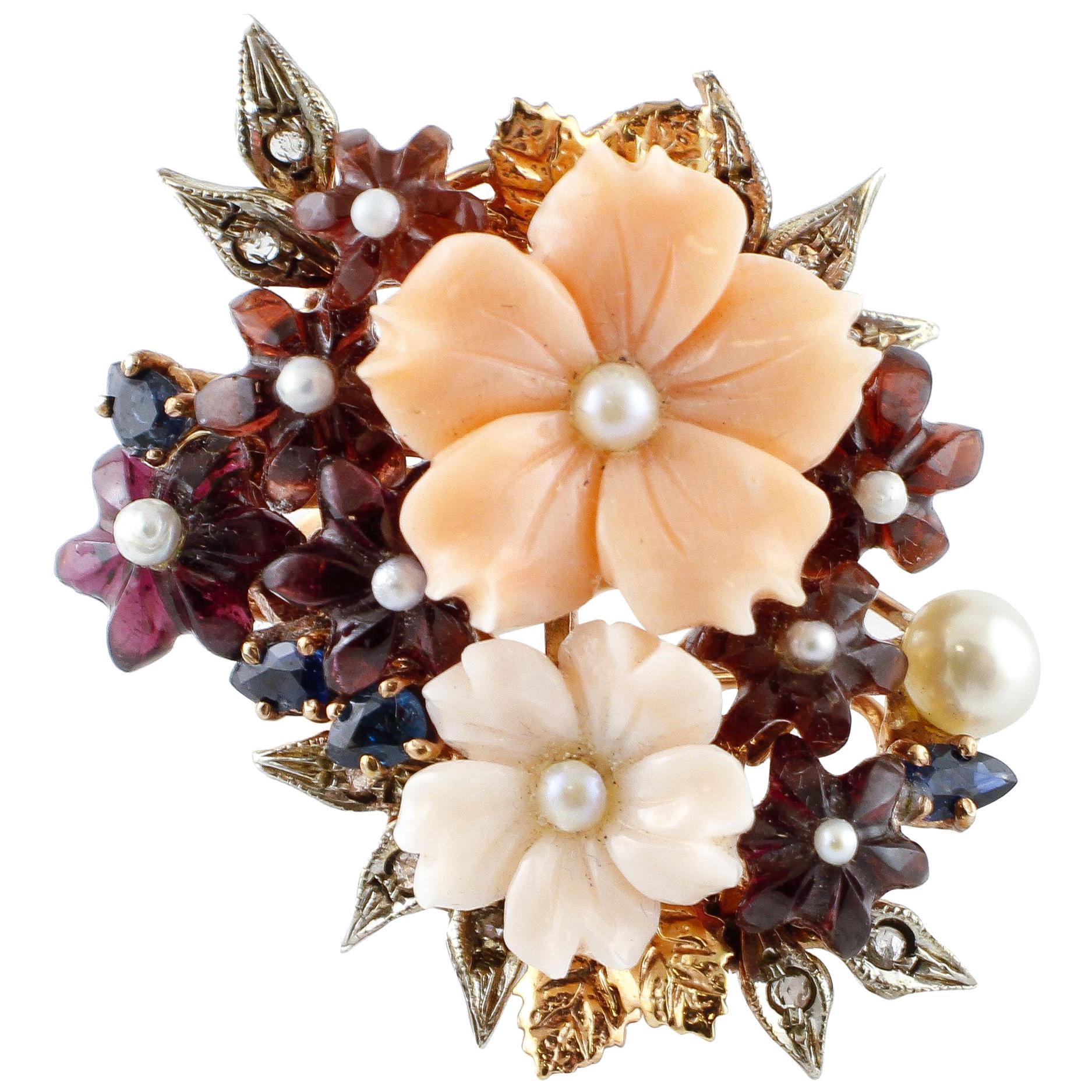 Coral & Garnet Flowers, Diamonds, Blue Sapphires, Pearls Rose Gold & Silver Ring