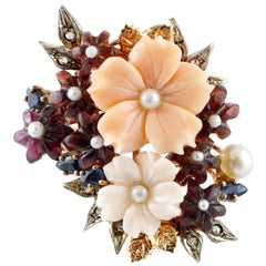 Retro Coral & Garnet Flowers, Diamonds, Blue Sapphires, Pearls Rose Gold & Silver Ring
