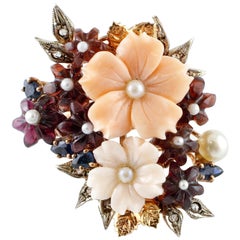 Coral 
Garnet Flowers, Diamonds, Blue Sapphires, Pearls Rose Gold 
Silver Ring