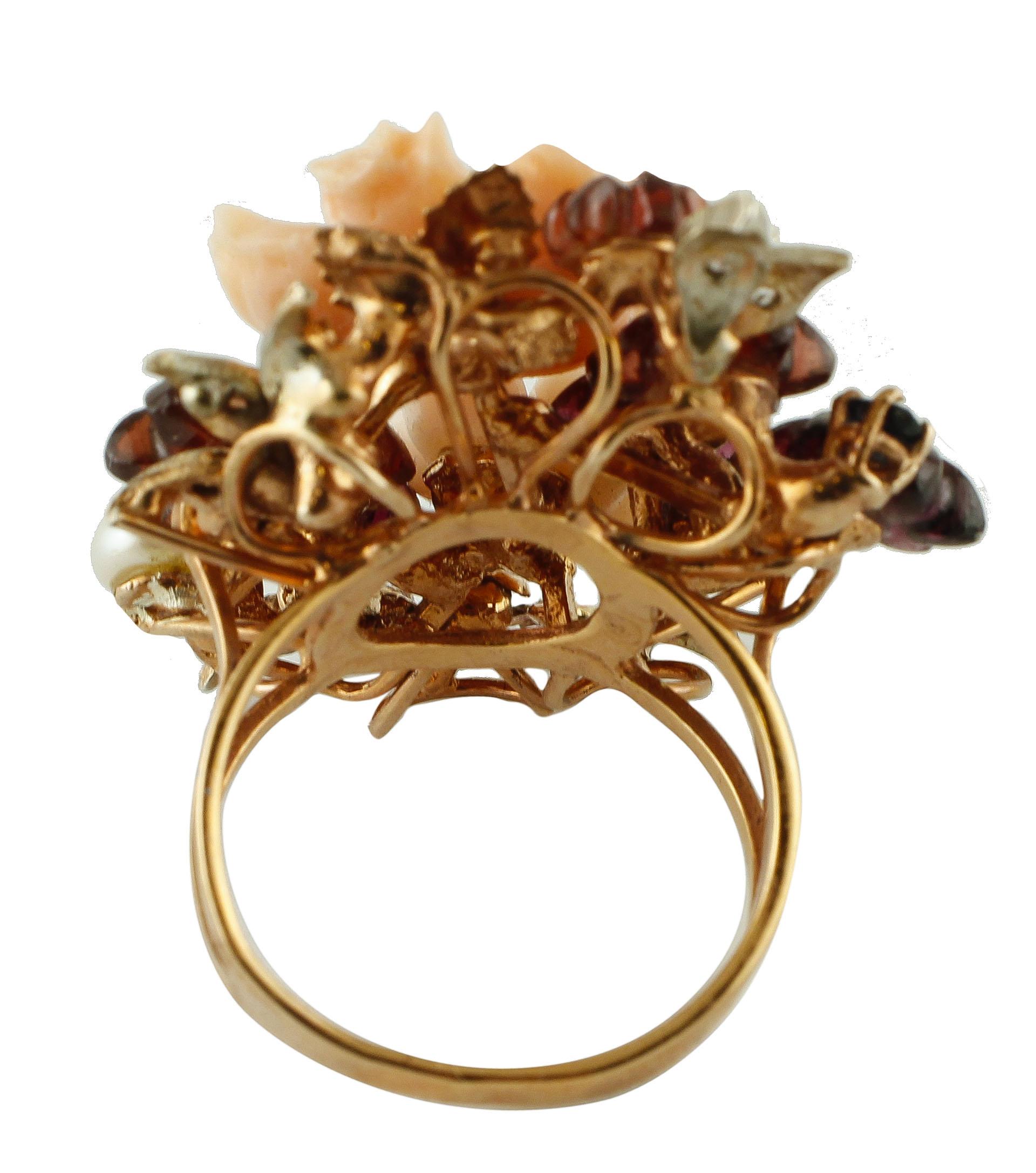 Retro Coral & Garnet Flowers, Diamonds, Blue Sapphires, Pearls Rose Gold & Silver Ring