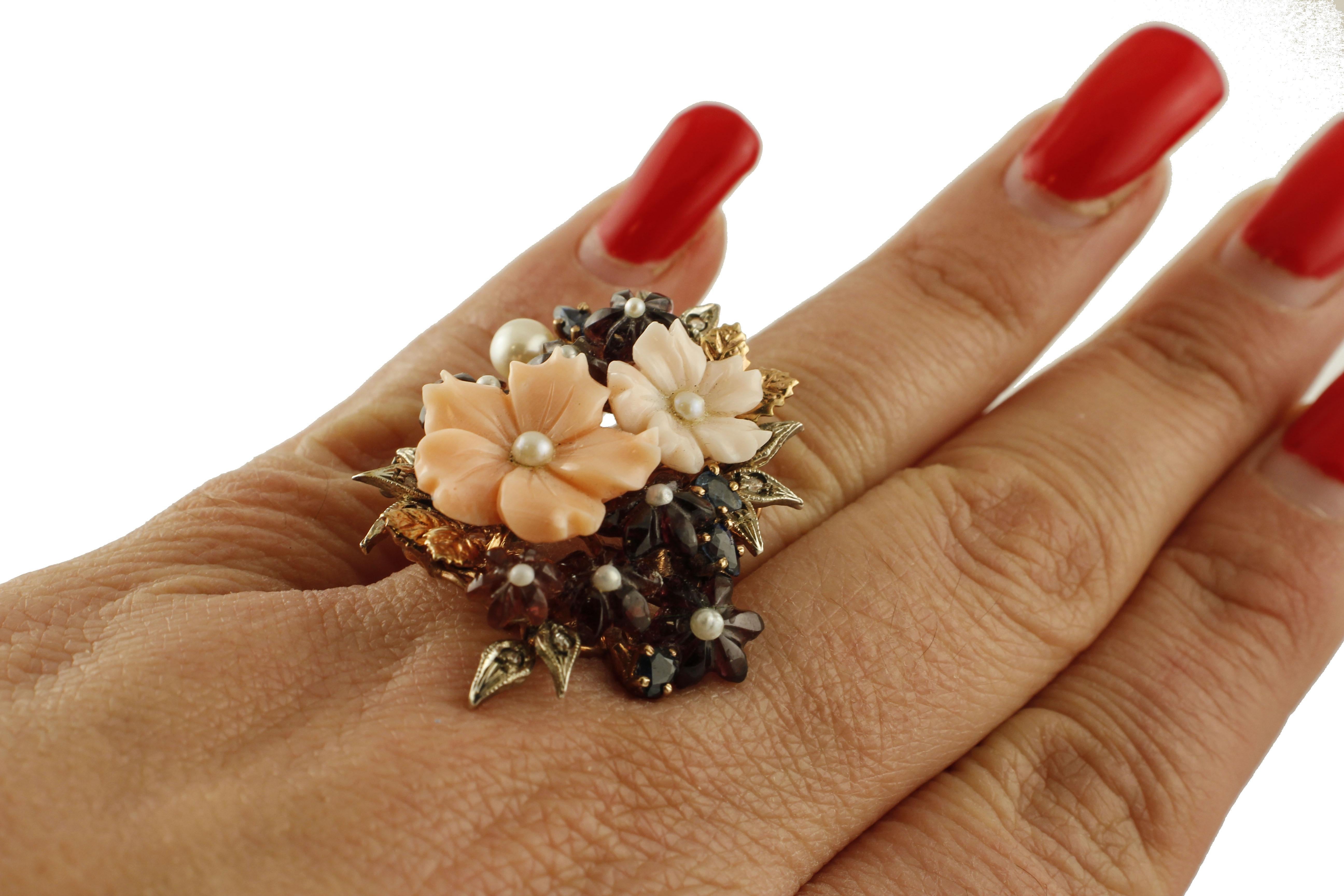 Women's Coral & Garnet Flowers, Diamonds, Blue Sapphires, Pearls Rose Gold & Silver Ring