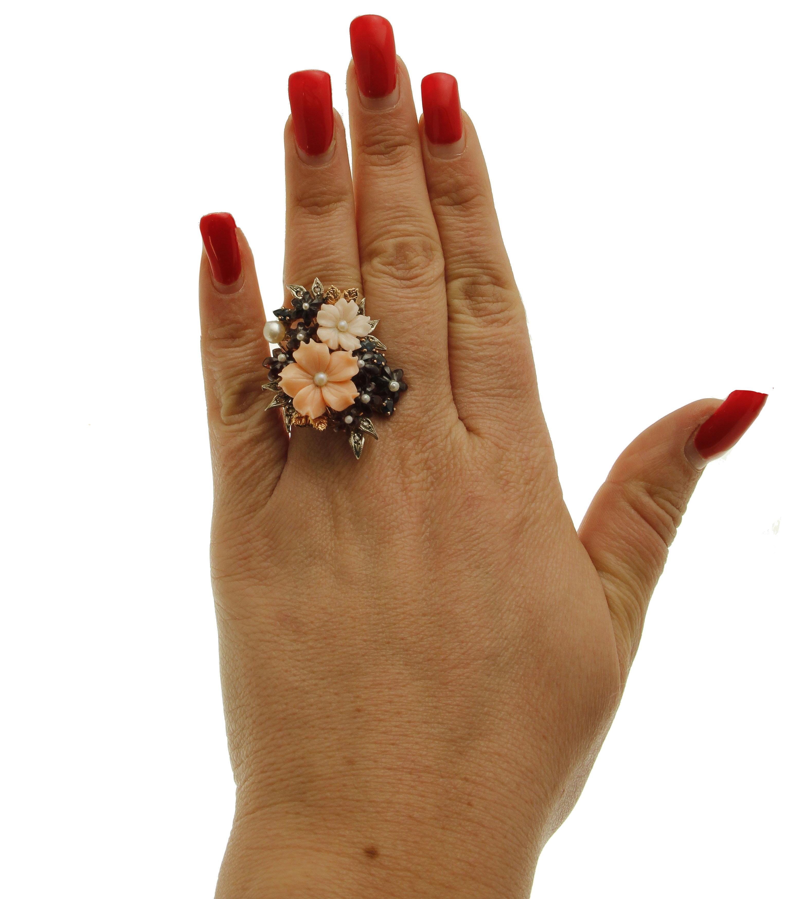 Coral & Garnet Flowers, Diamonds, Blue Sapphires, Pearls Rose Gold & Silver Ring 1