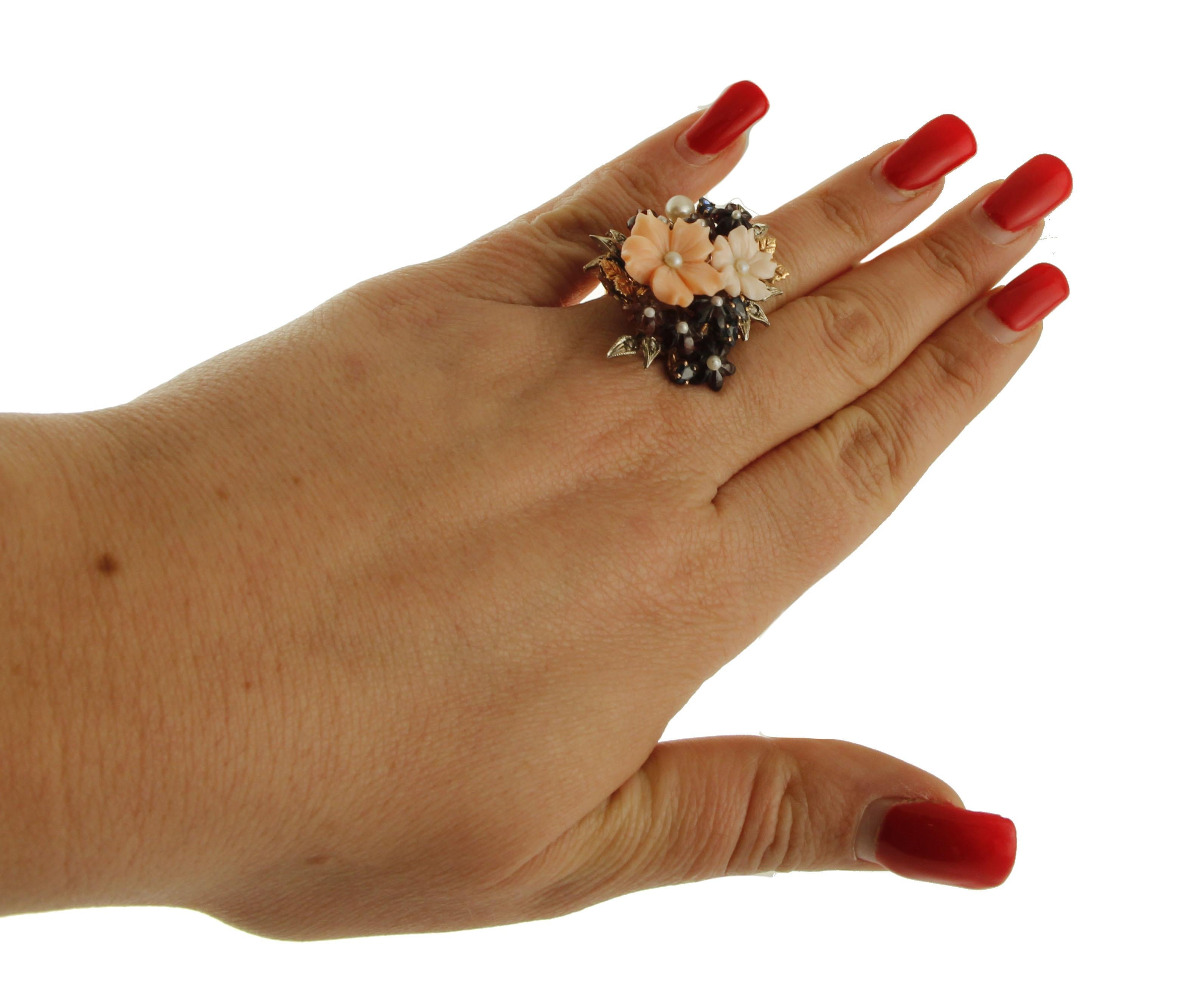 Coral & Garnet Flowers, Diamonds, Blue Sapphires, Pearls Rose Gold & Silver Ring 2