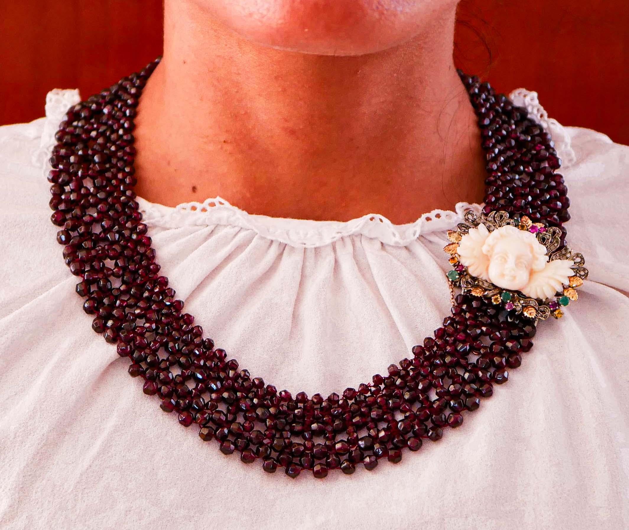 Women's Coral, Garnets, Diamonds, Emeralds, Rubies, Sapphires, Gold and Silver Necklace
