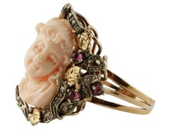 Coral Garnets Diamonds Rose Gold and Silver Cocktail Ring