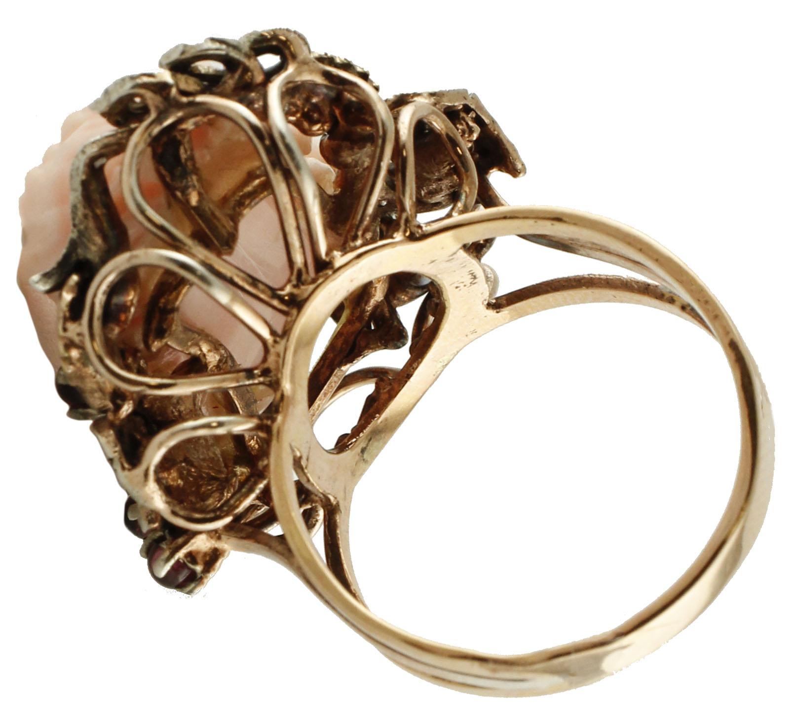 Koralle Granate Diamanten Roségold und Silber Cocktail-Ring (Gemischter Schliff) im Angebot
