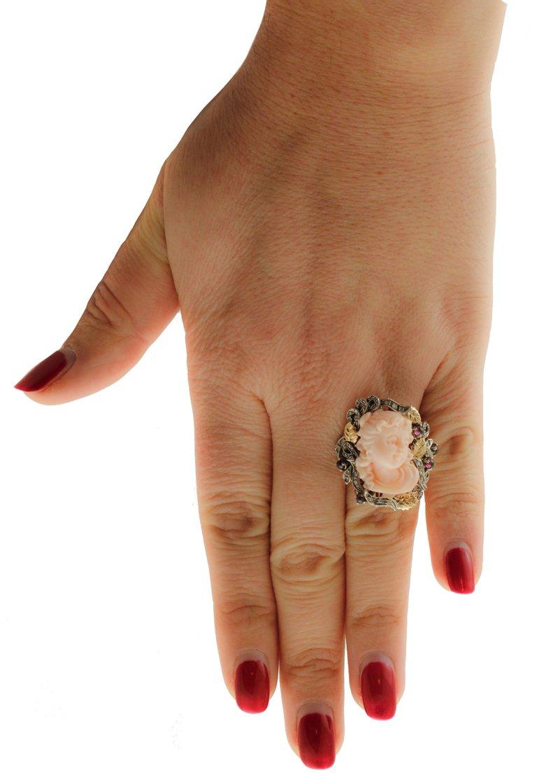 Koralle Granate Diamanten Roségold und Silber Cocktail-Ring im Zustand „Gut“ im Angebot in Marcianise, Marcianise (CE)