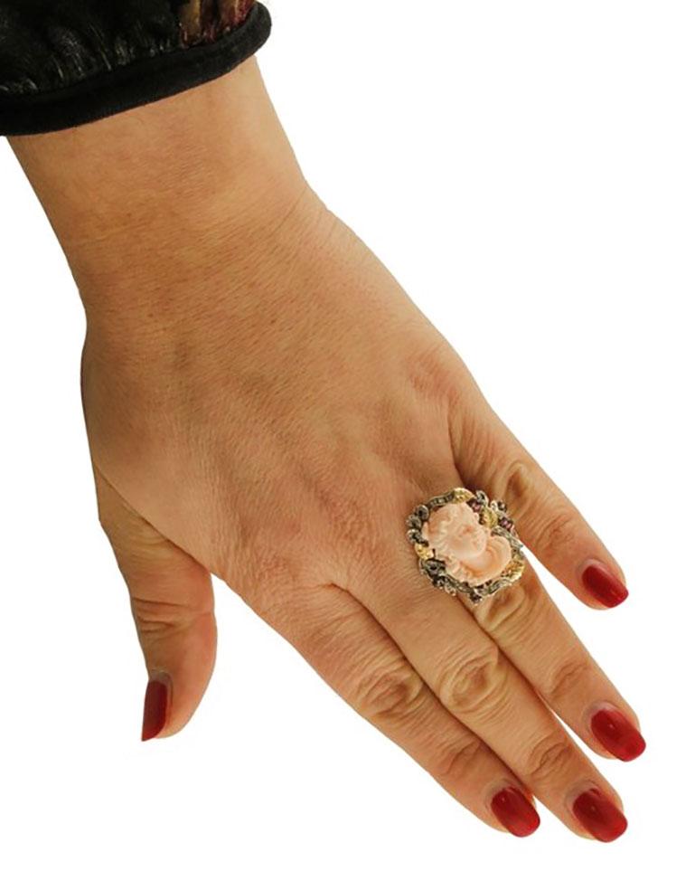 Women's Coral Garnets Diamonds Rose Gold and Silver Cocktail Ring For Sale