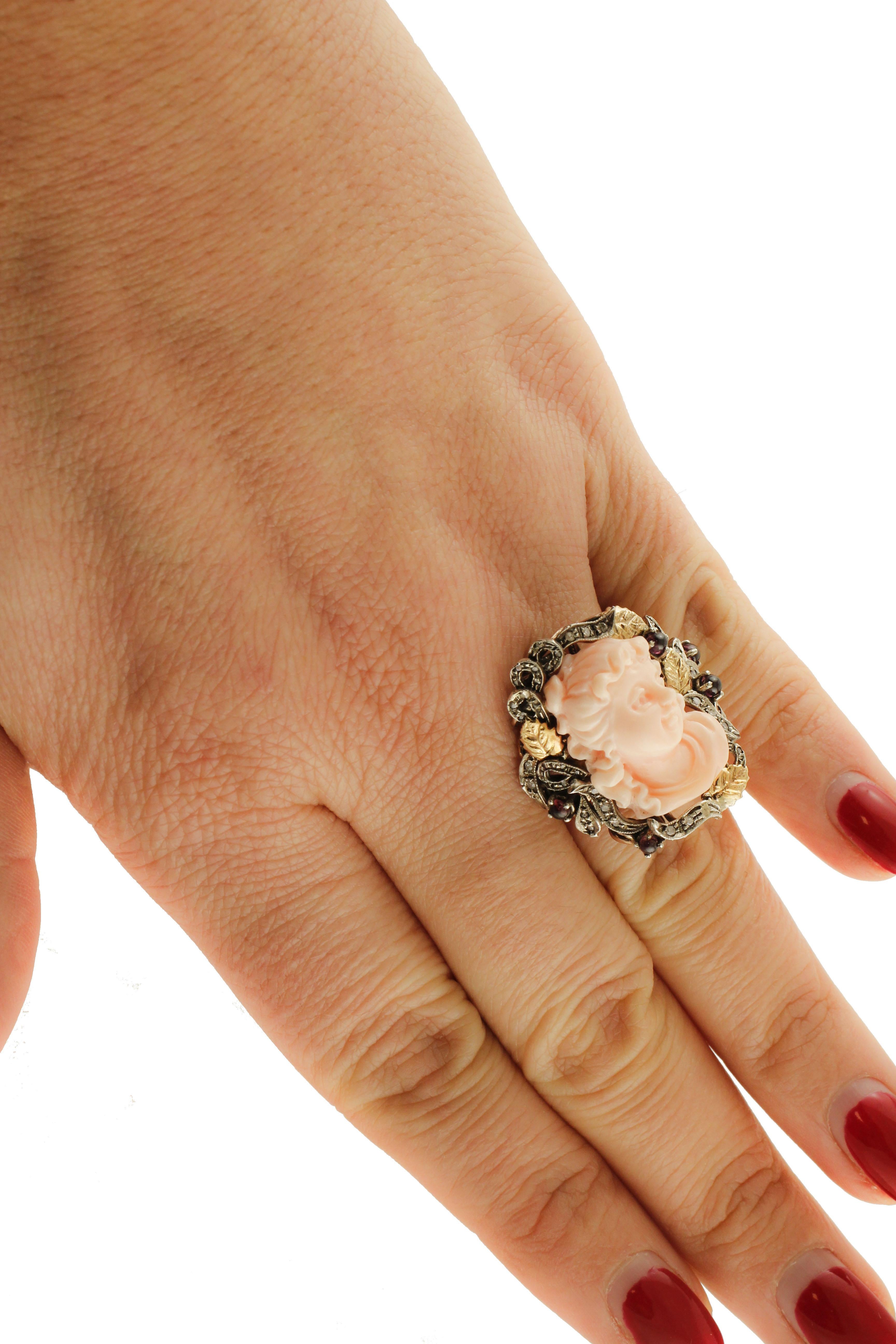 Coral Garnets Diamonds Rose Gold and Silver Cocktail Ring For Sale 1