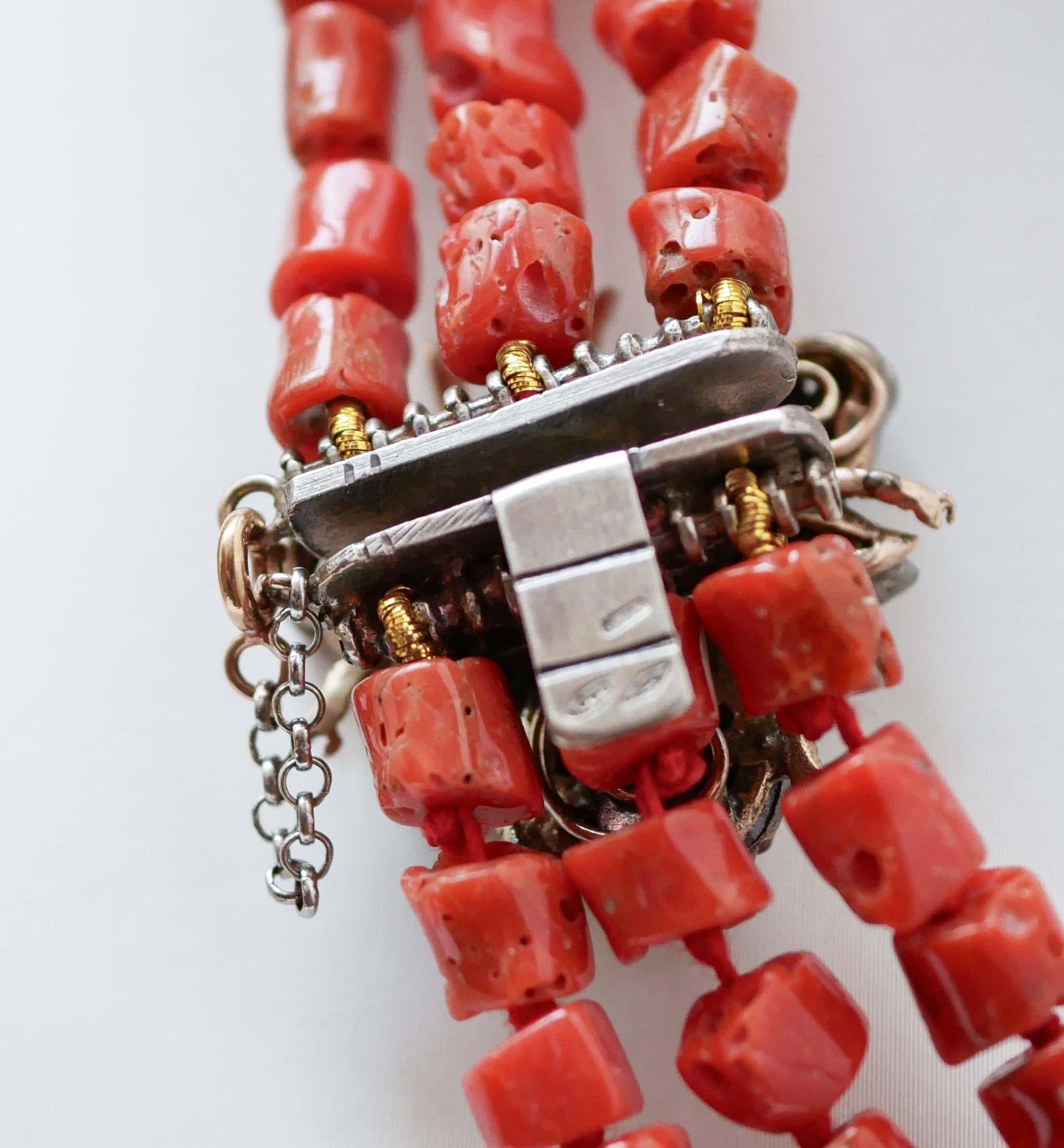 Retro Coral, Garnets, Diamonds, Rose Gold and Silver Multi-Strand Necklace. For Sale