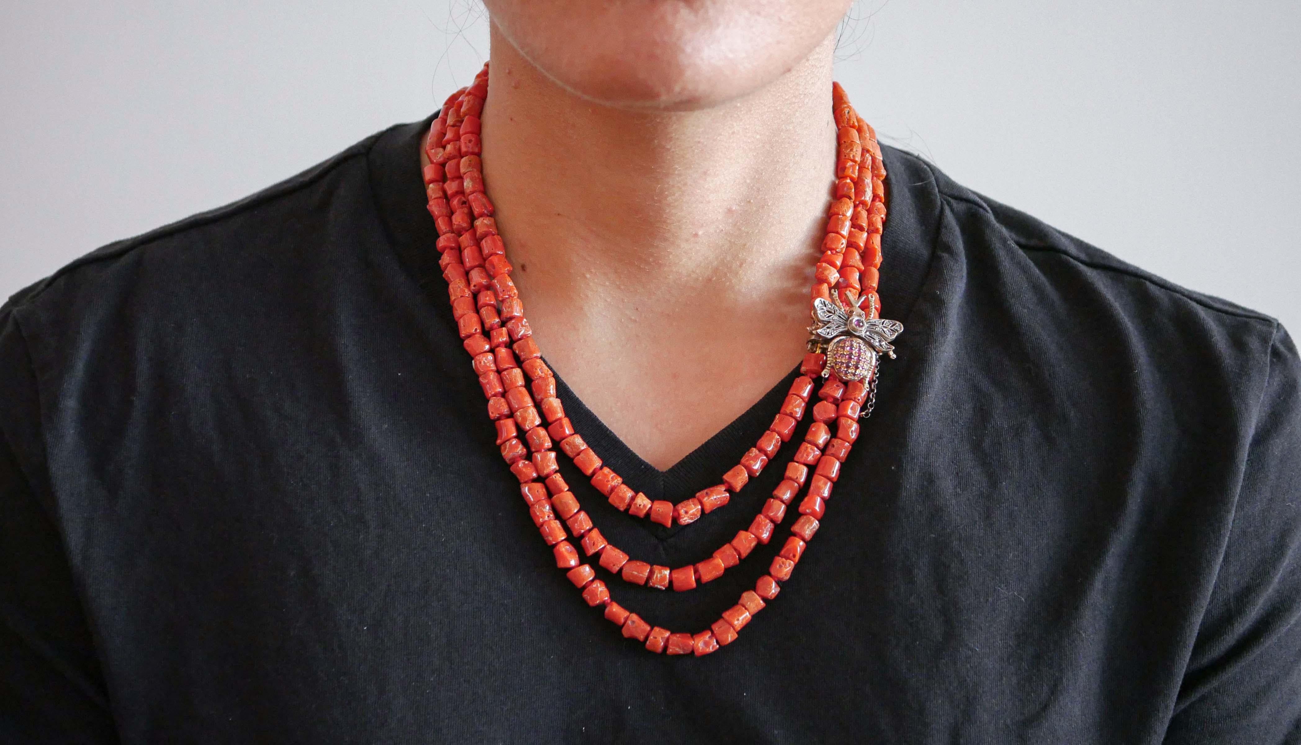 Mixed Cut Coral, Garnets, Diamonds, Rose Gold and Silver Multi-Strand Necklace. For Sale