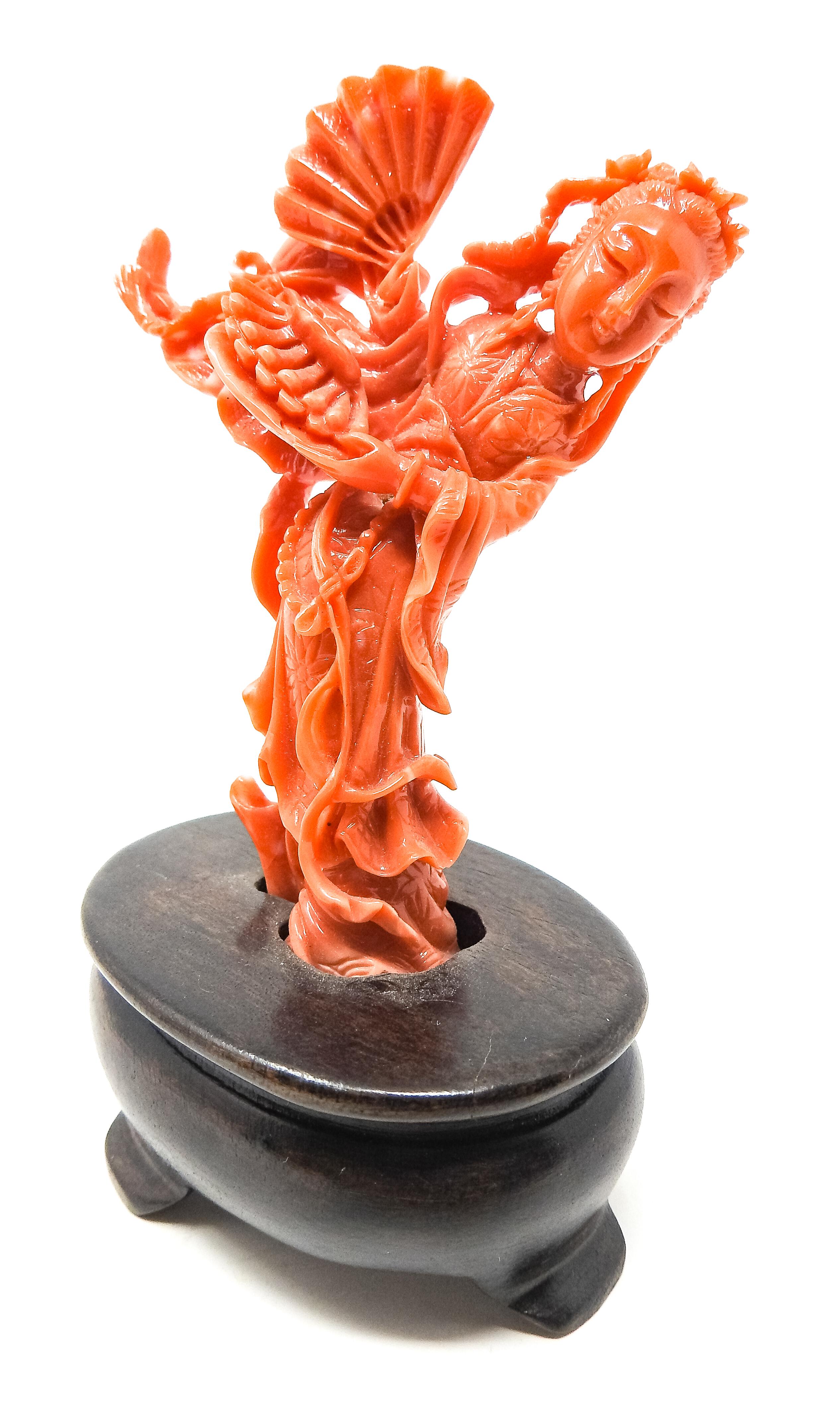 Chinese Coral Geisha Figure on Wooden Base