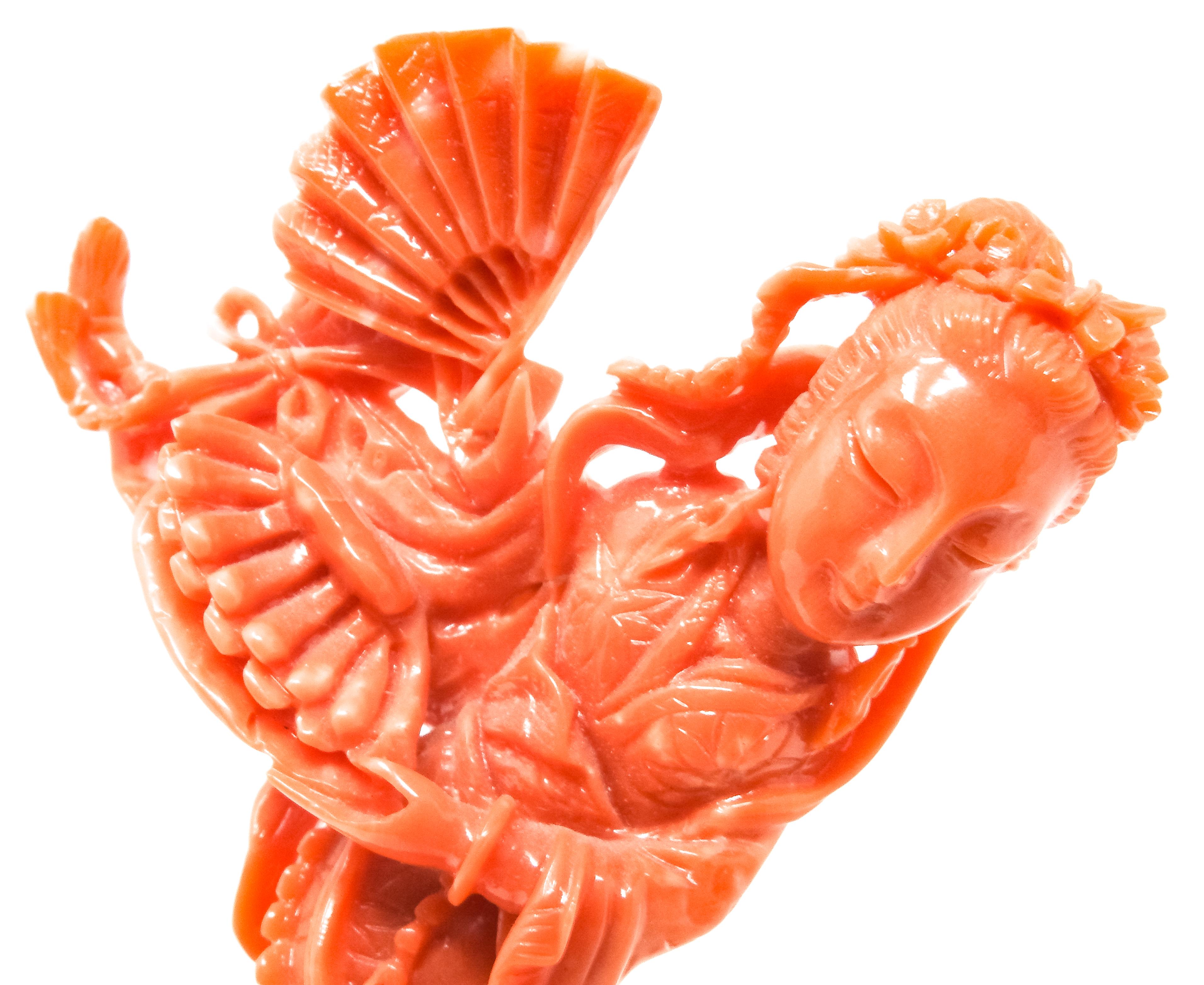 Hand-Carved Coral Geisha Figure on Wooden Base