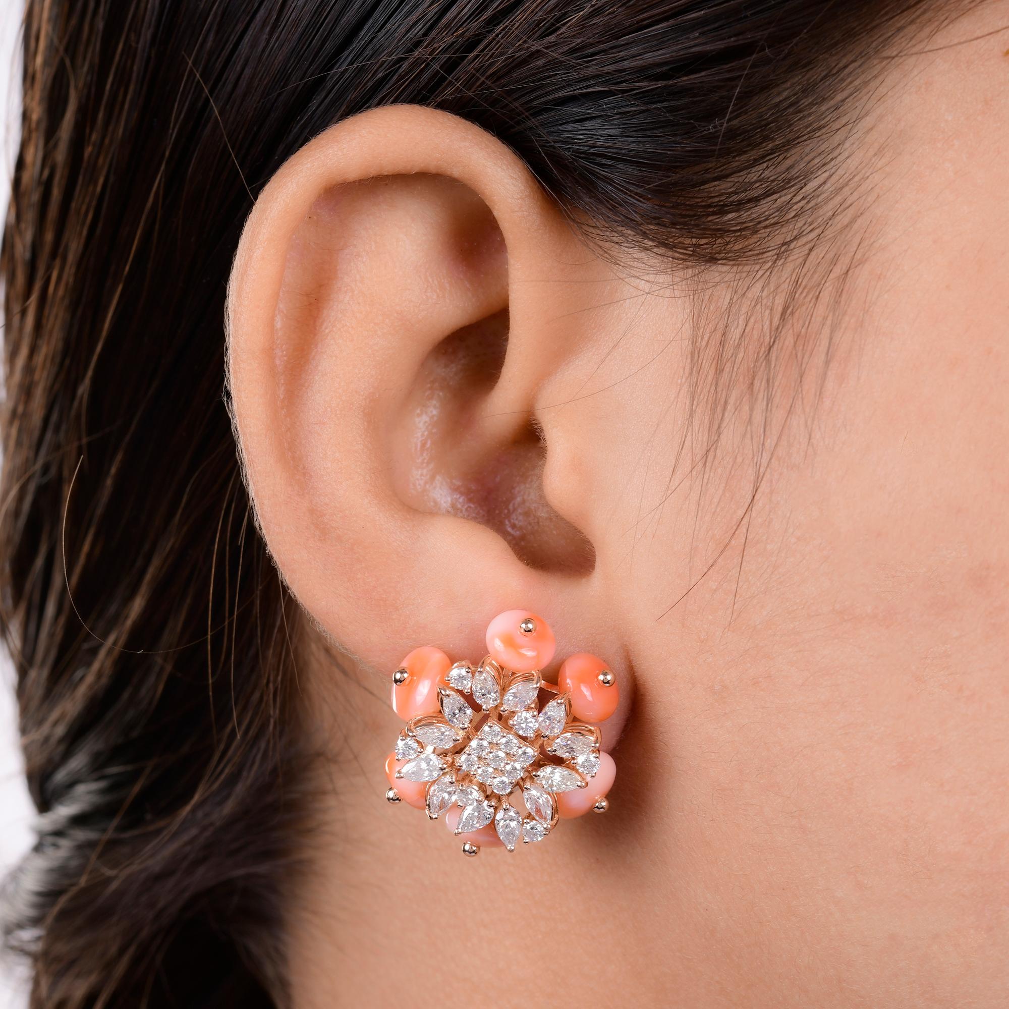 Modern Coral Gemstone Beads Earrings Marquise Round Diamond 14 Karat Rose Gold Jewelry For Sale