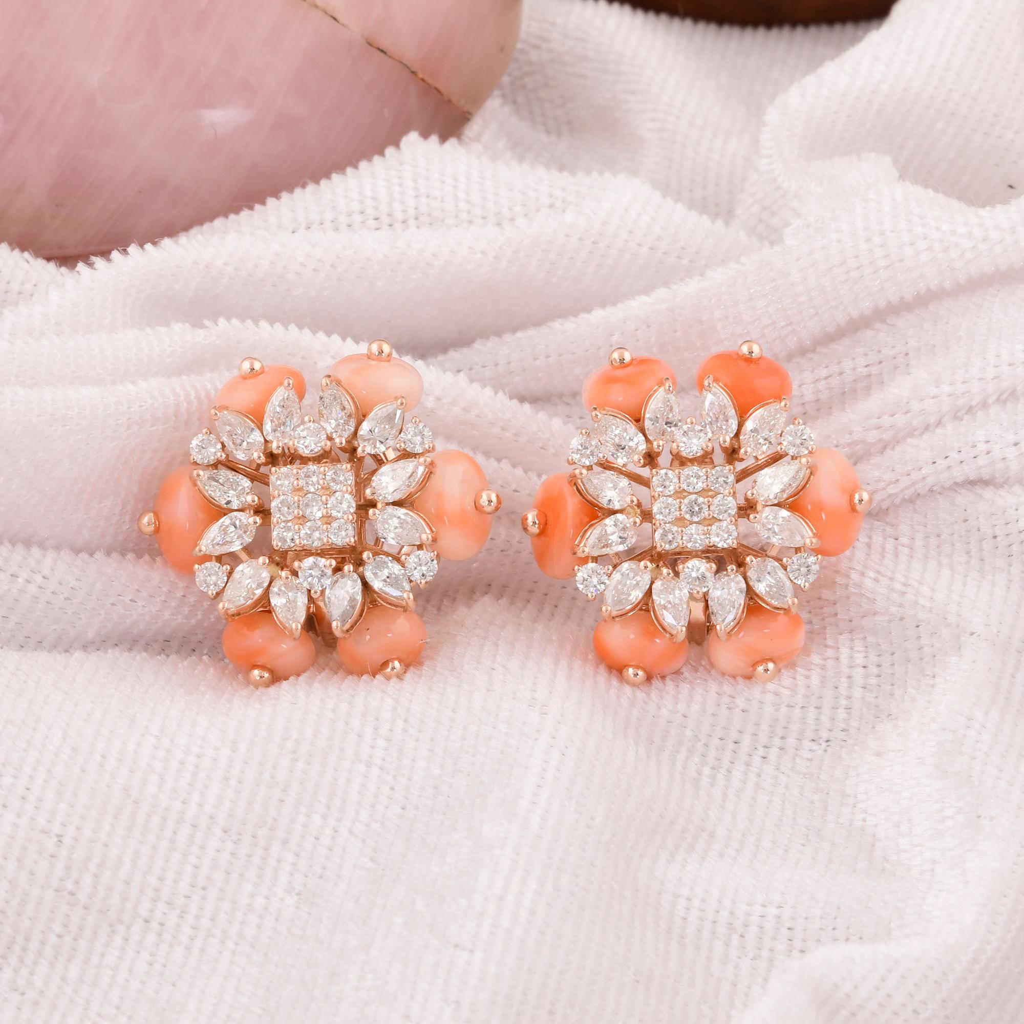 Women's Coral Gemstone Beads Earrings Marquise Round Diamond 14 Karat Rose Gold Jewelry For Sale
