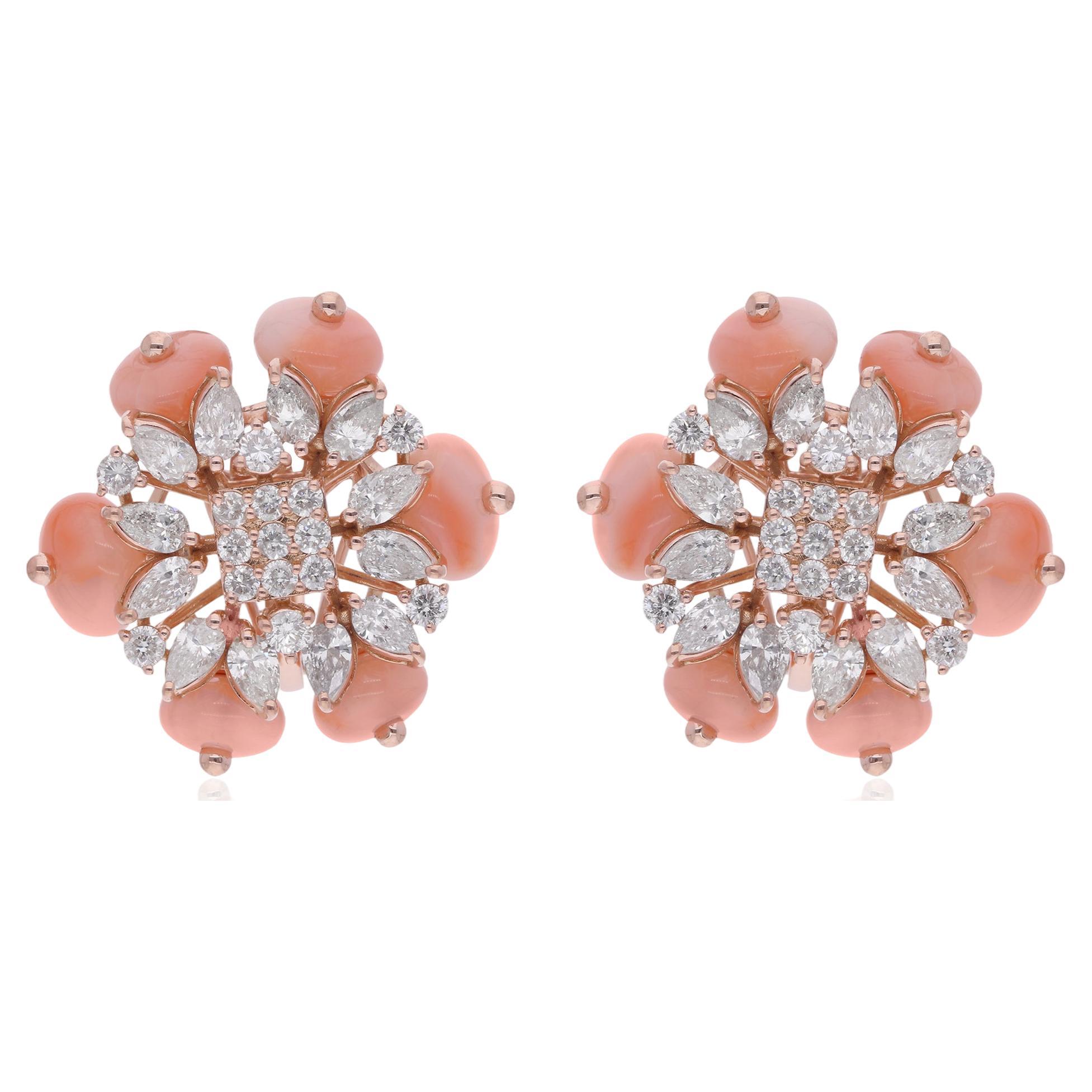 Coral Gemstone Beads Earrings Marquise Round Diamond 14 Karat Rose Gold Jewelry