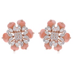 Boucles d'oreilles perles de corail, diamants ronds et marquises en or rose 14 carats