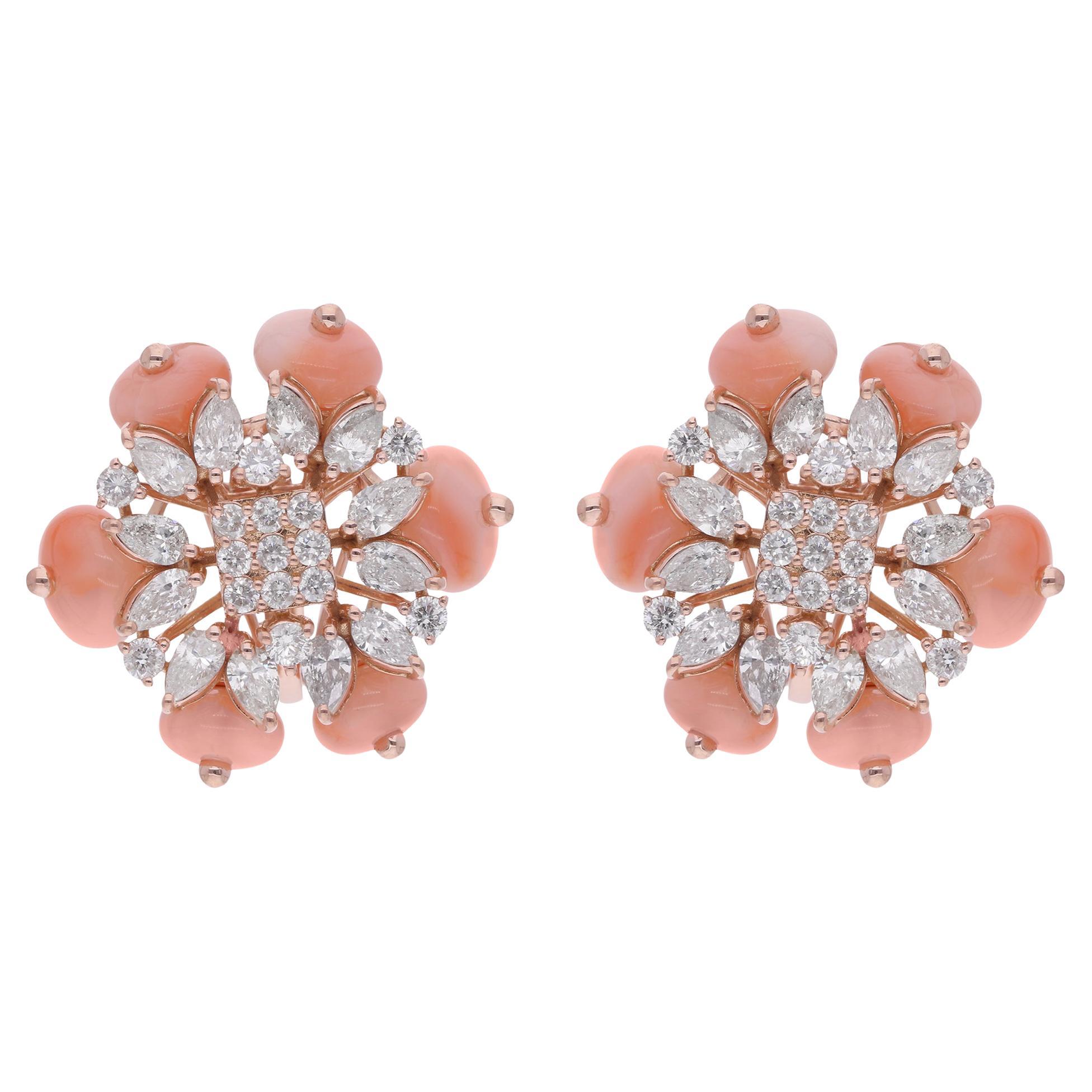 Pendientes de cuentas de piedras preciosas de coral Diamante redondo marquesa Joyas de oro rosa de 14 quilates