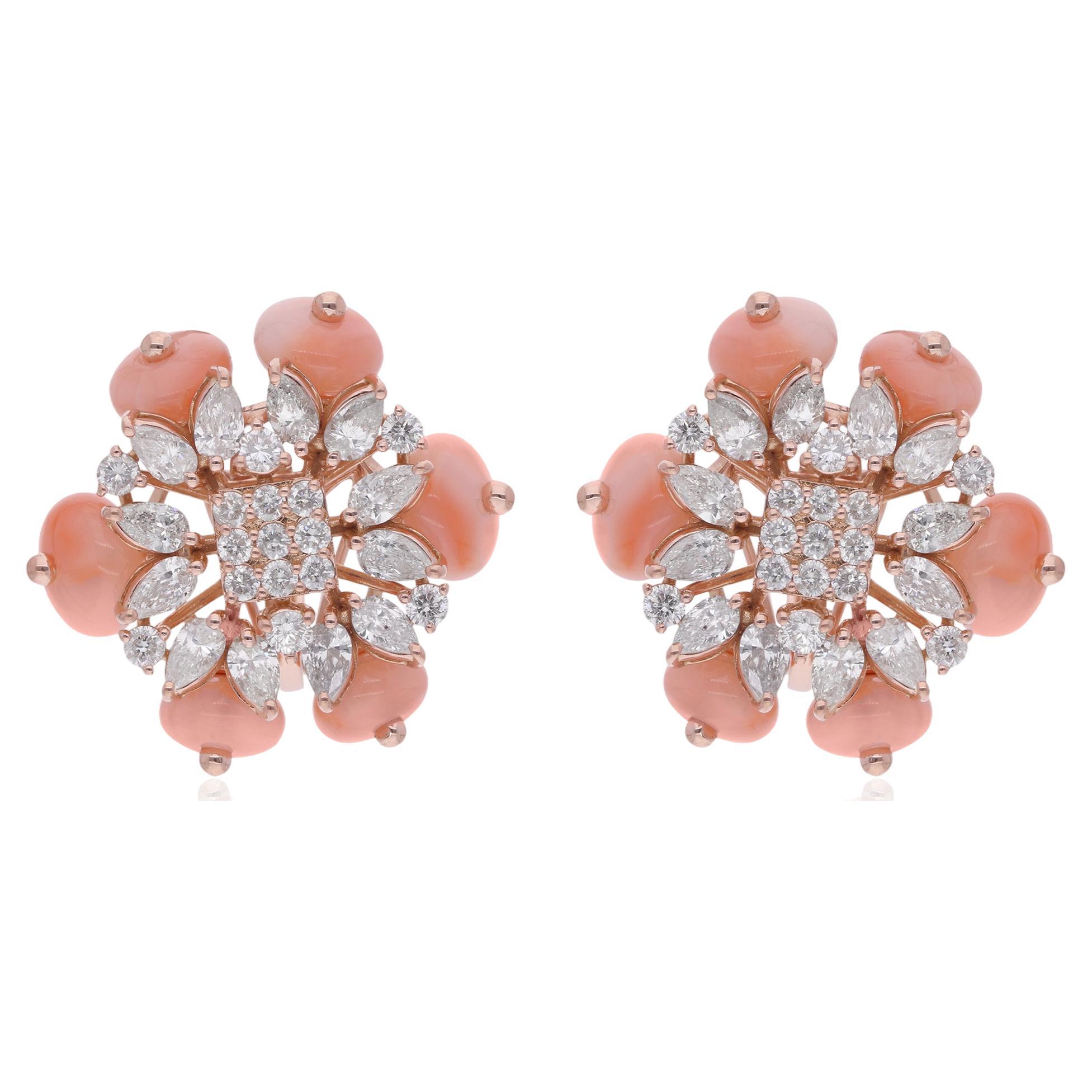 Koralle Edelstein Perlen Ohrringe Marquise Rund Diamant 18 Karat Rose Gold Schmuck