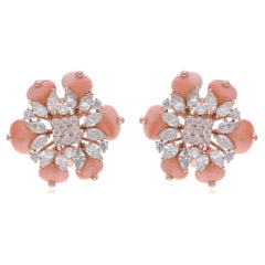 Coral Gemstone Beads Earrings Marquise Round Diamond 18 Karat Rose Gold Jewelry