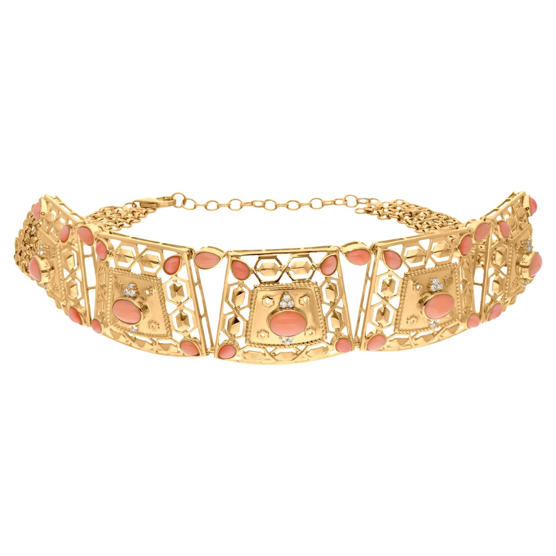 Coral Gemstone Choker Necklace Diamond 18 Karat Yellow Gold Handmade Jewelry
