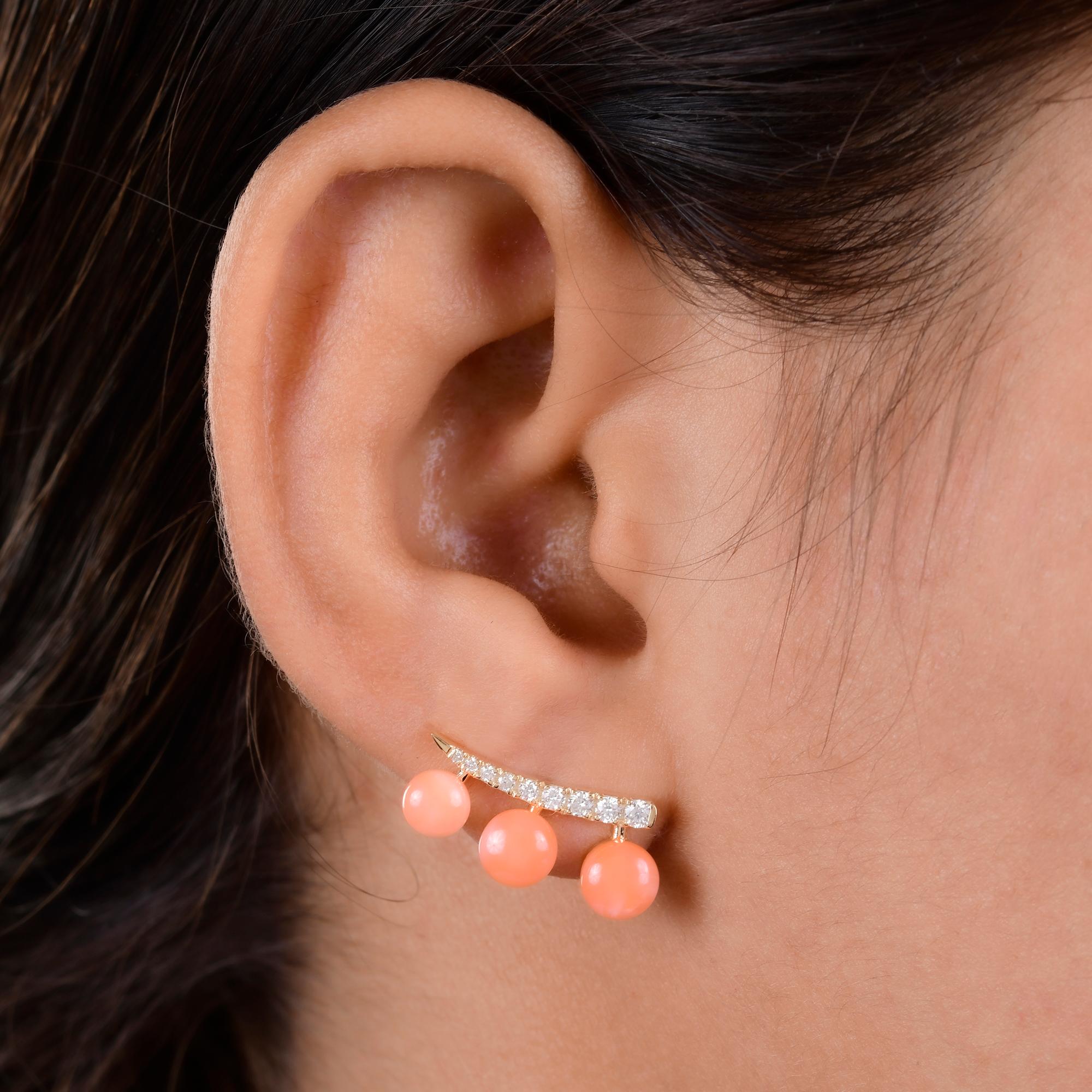 Modern Coral Gemstone Climber Earrings 14 Karat Yellow Gold Diamond Handmade Jewelry For Sale