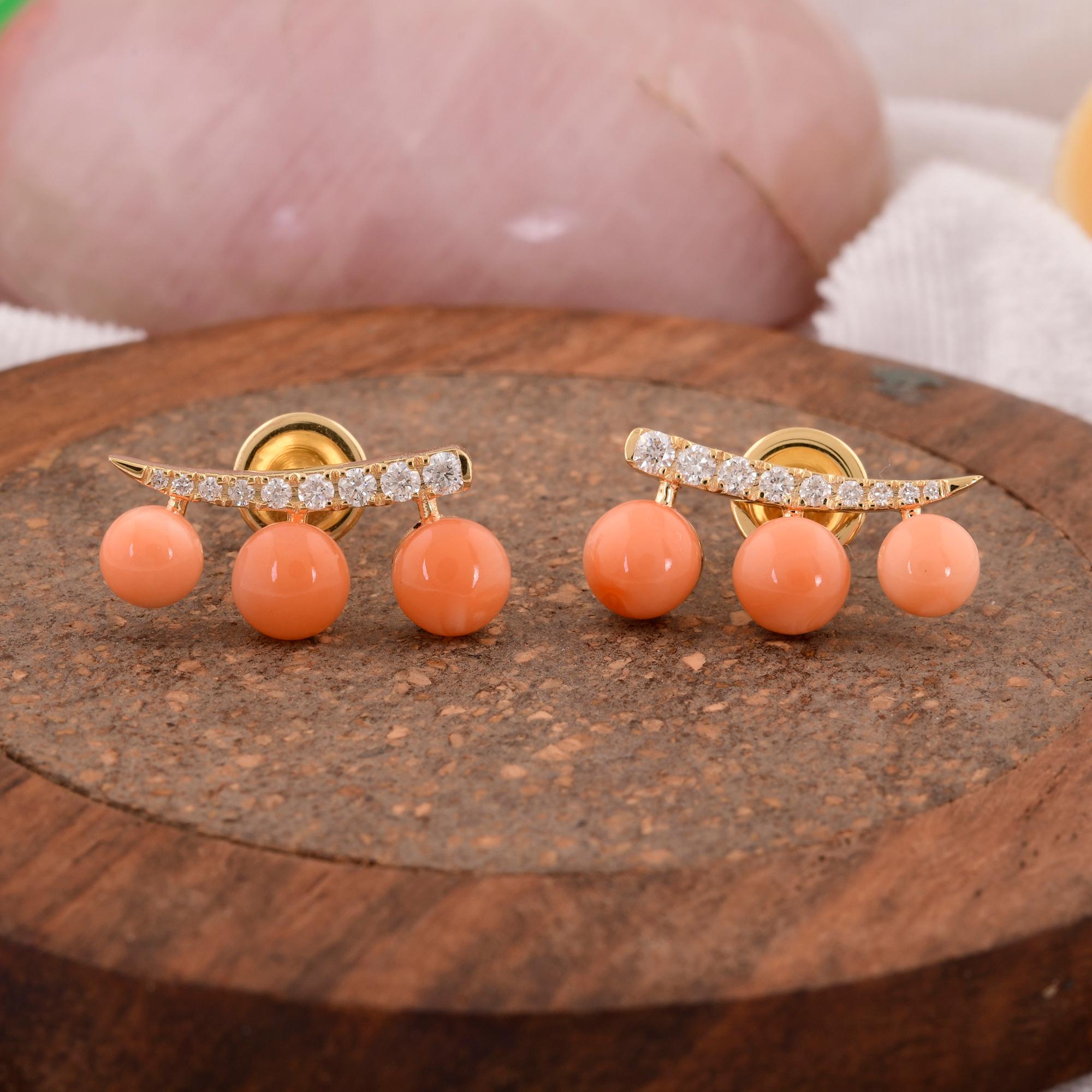 Round Cut Coral Gemstone Climber Earrings 14 Karat Yellow Gold Diamond Handmade Jewelry For Sale