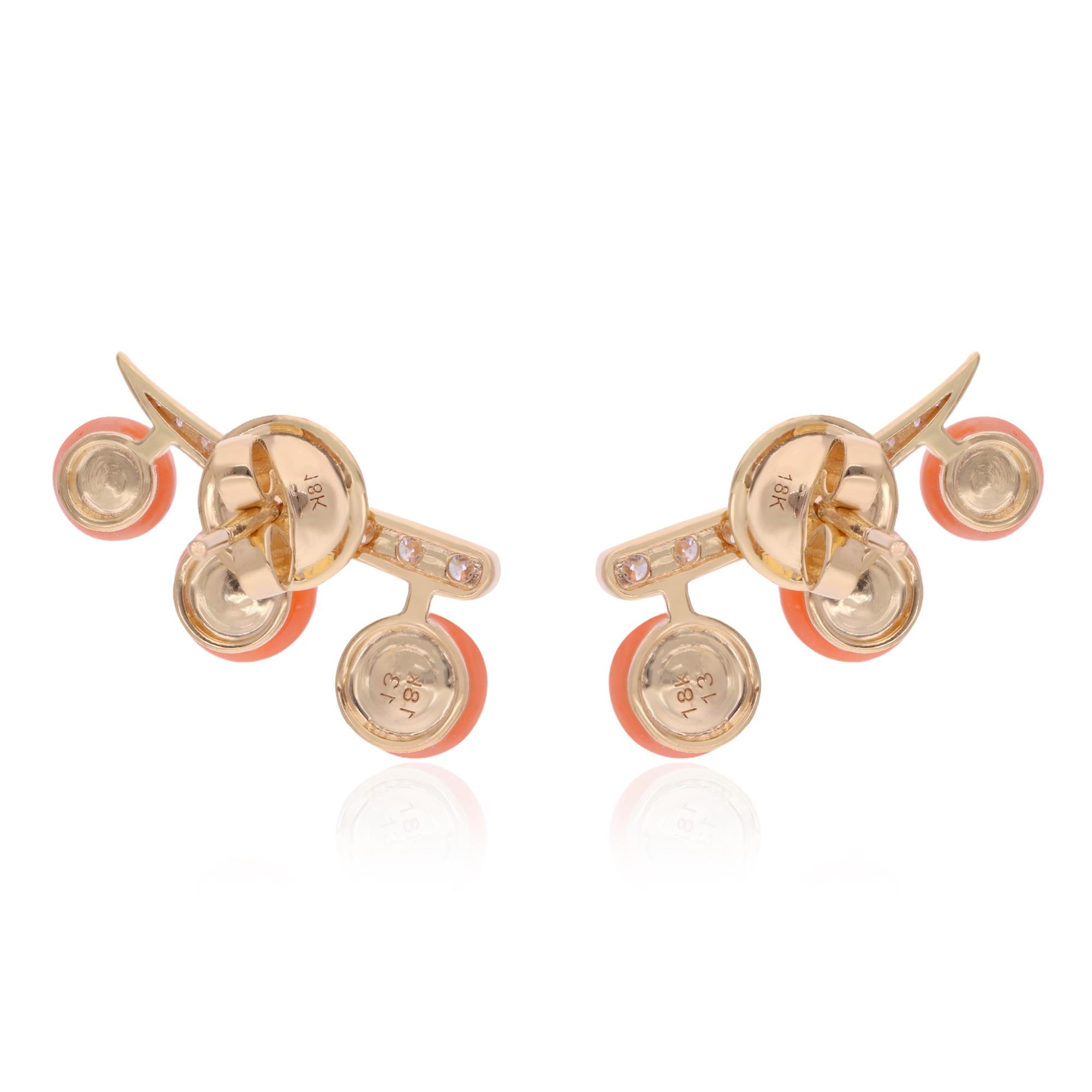 Women's Coral Gemstone Climber Earrings 14 Karat Yellow Gold Diamond Handmade Jewelry For Sale