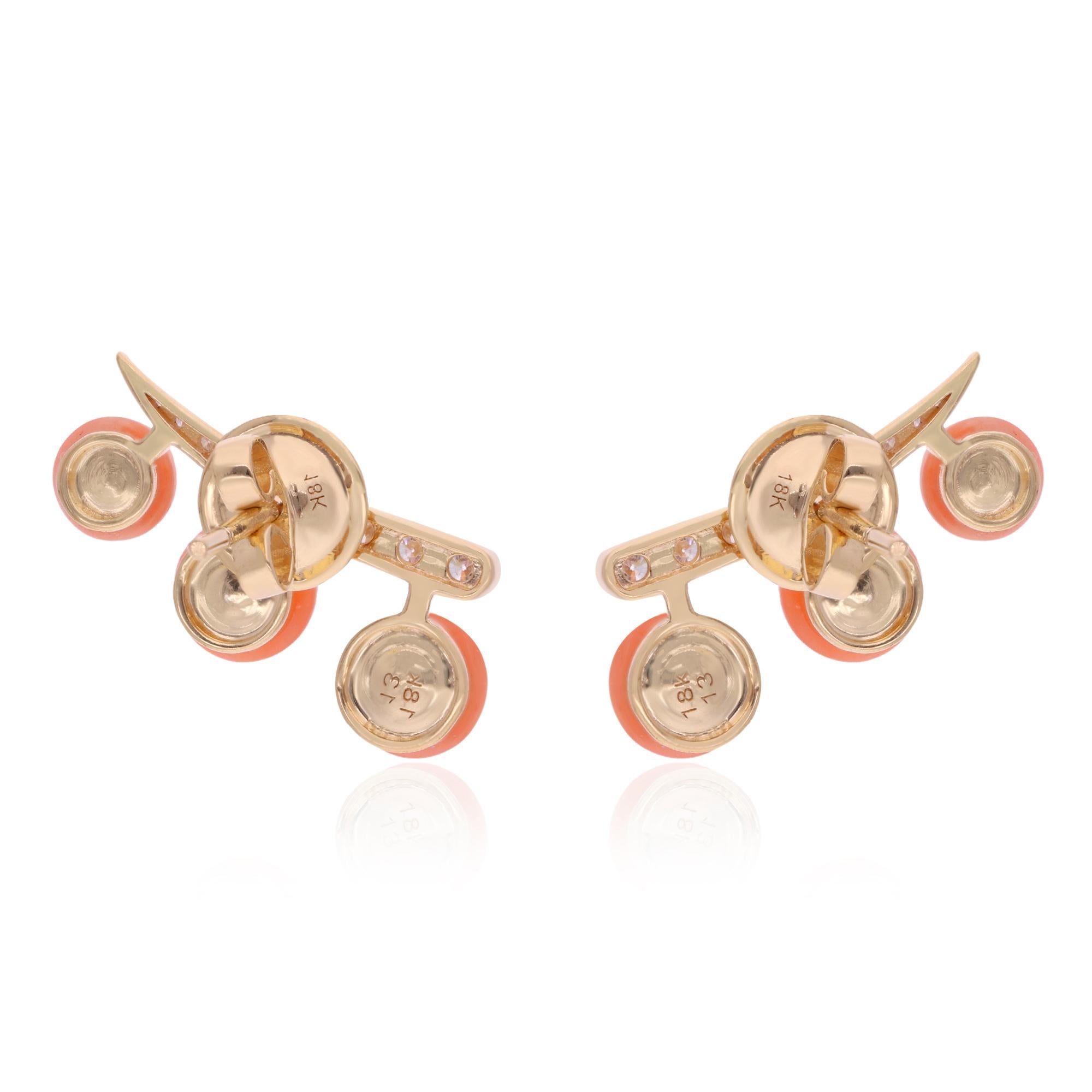 Coral Gemstone Climber Earrings 14 Karat Yellow Gold Diamond Handmade Jewelry im Zustand „Neu“ im Angebot in Diera, Dubai