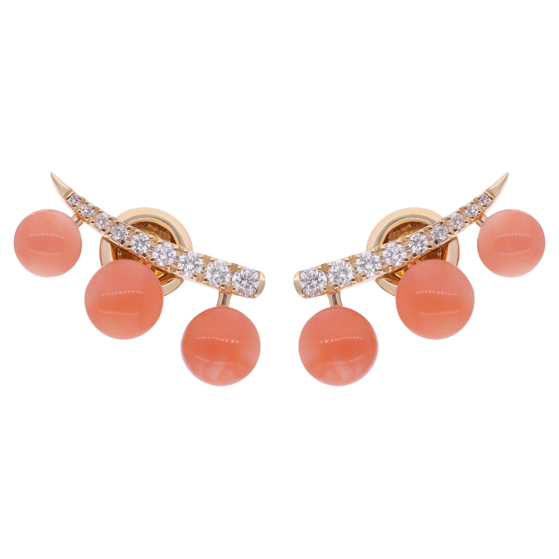 Coral Gemstone Climber Earrings 14 Karat Yellow Gold Diamond Handmade Jewelry
