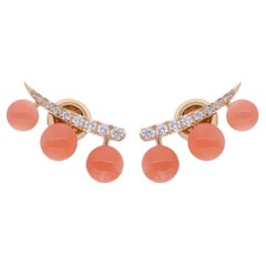 Coral Gemstone Climber Earrings 14 Karat Yellow Gold Diamond Handmade Jewelry