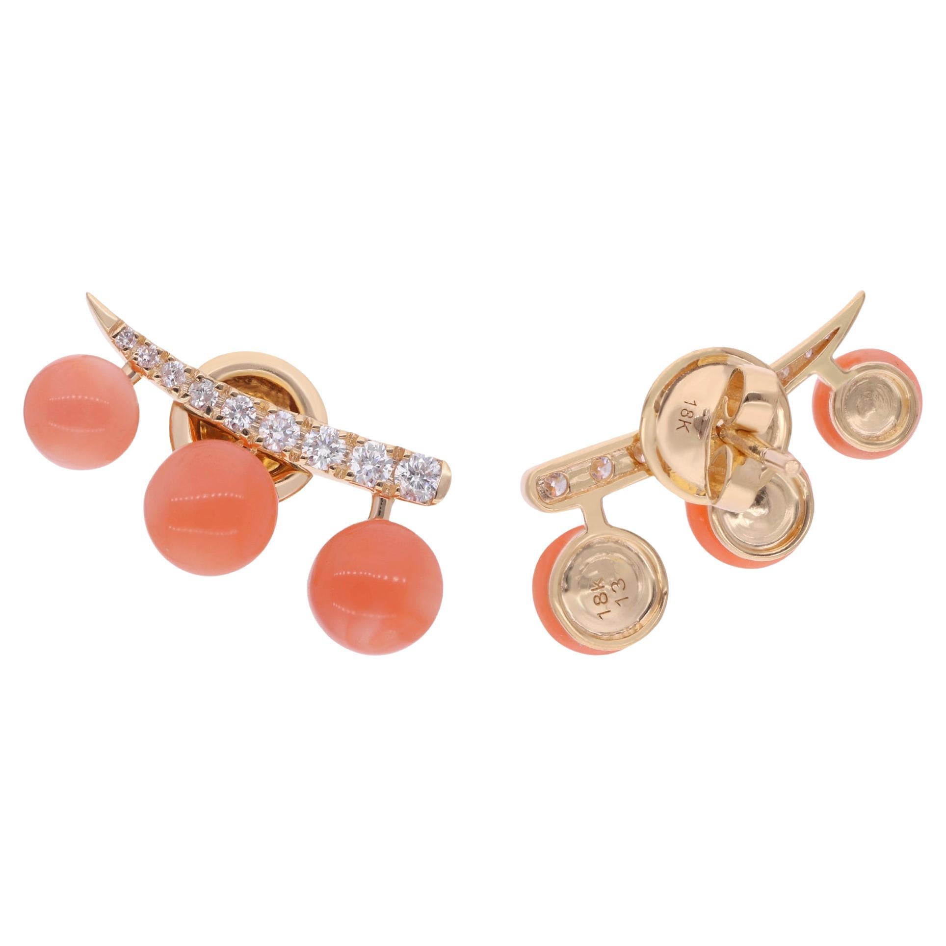 Coral Gemstone Climber Earrings 18 Karat Yellow Gold Diamond Handmade Jewelry For Sale