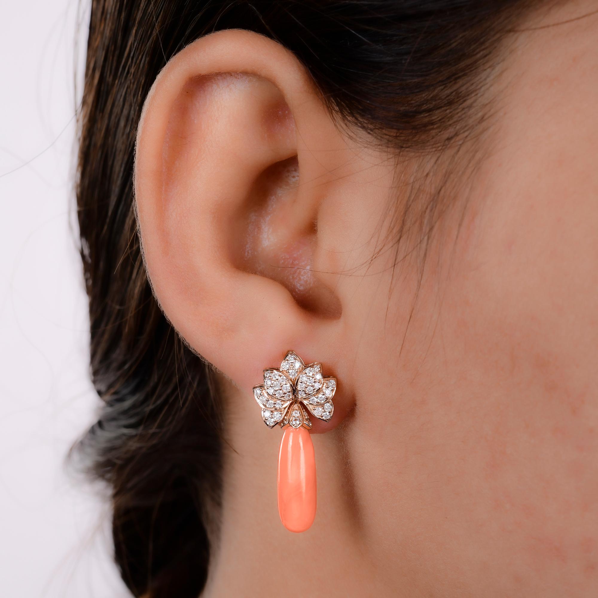 Modern Coral Gemstone Dangle Earrings Diamond 14 Karat Rose Gold Handmade Fine Jewelry For Sale