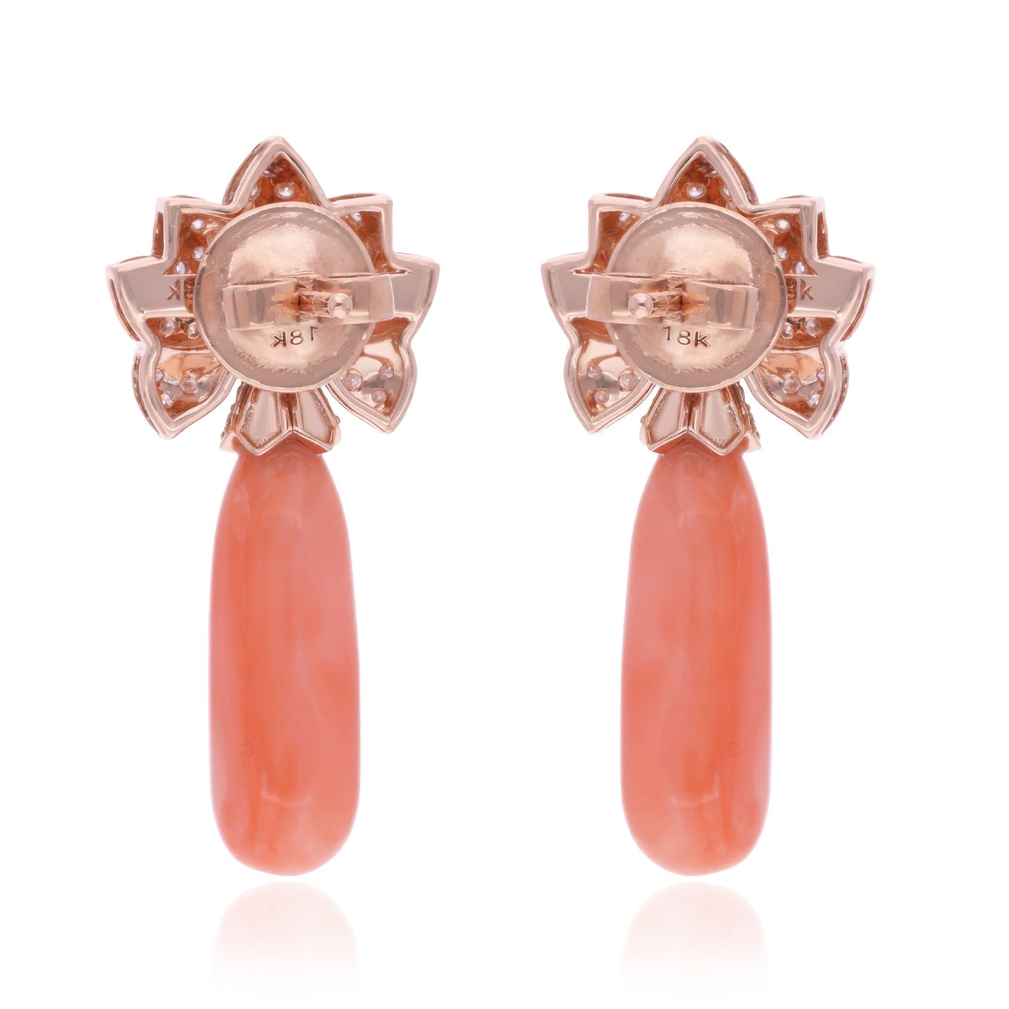 Coral Gemstone Dangle Earrings Diamond 14 Karat Rose Gold Handmade Fine Jewelry In New Condition For Sale In Diera, Dubai