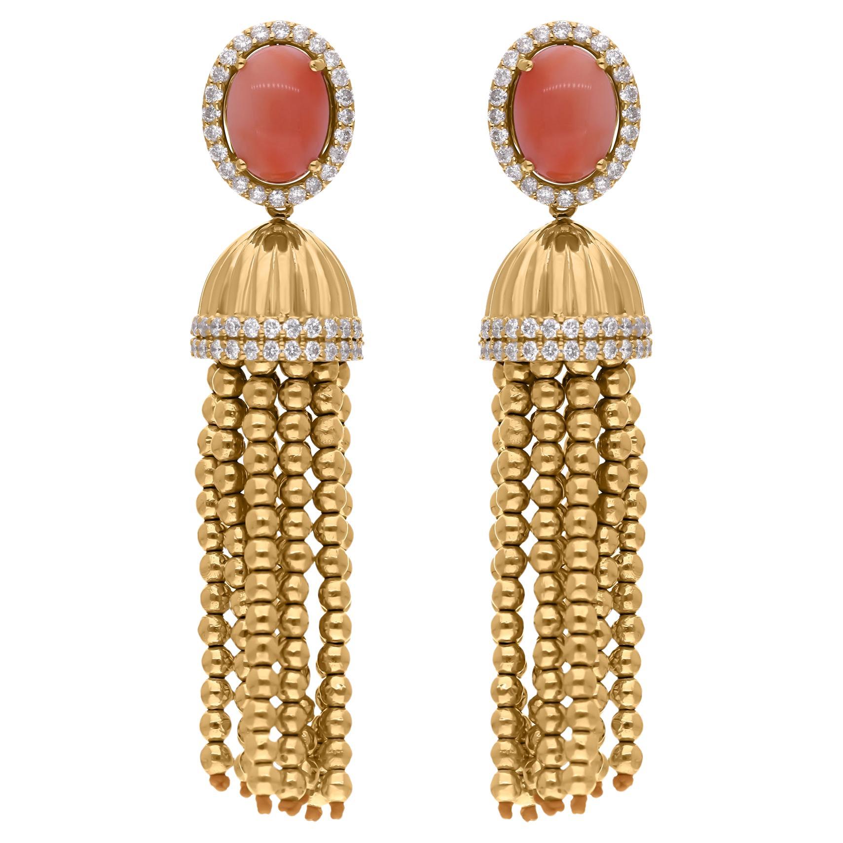 Coral Gemstone Dangle Earrings Diamond 14 Karat Yellow Gold Tassel Fine Jewelry