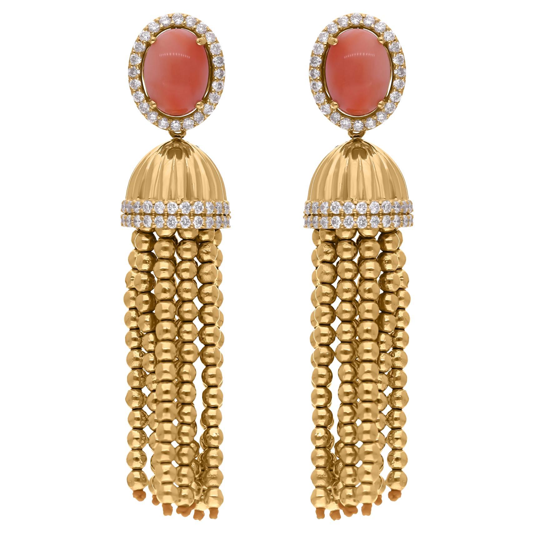 Pendientes colgantes de piedras preciosas de coral Diamante Borla de oro amarillo de 14 quilates Joyería fina