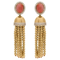 Orecchini pendenti con gemma di corallo Diamante Oro giallo 14 carati Nappina Gioielli di pregio