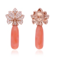 Coral Gemstone Dangle Earrings Diamond 18 Karat Rose Gold Handmade Fine Jewelry