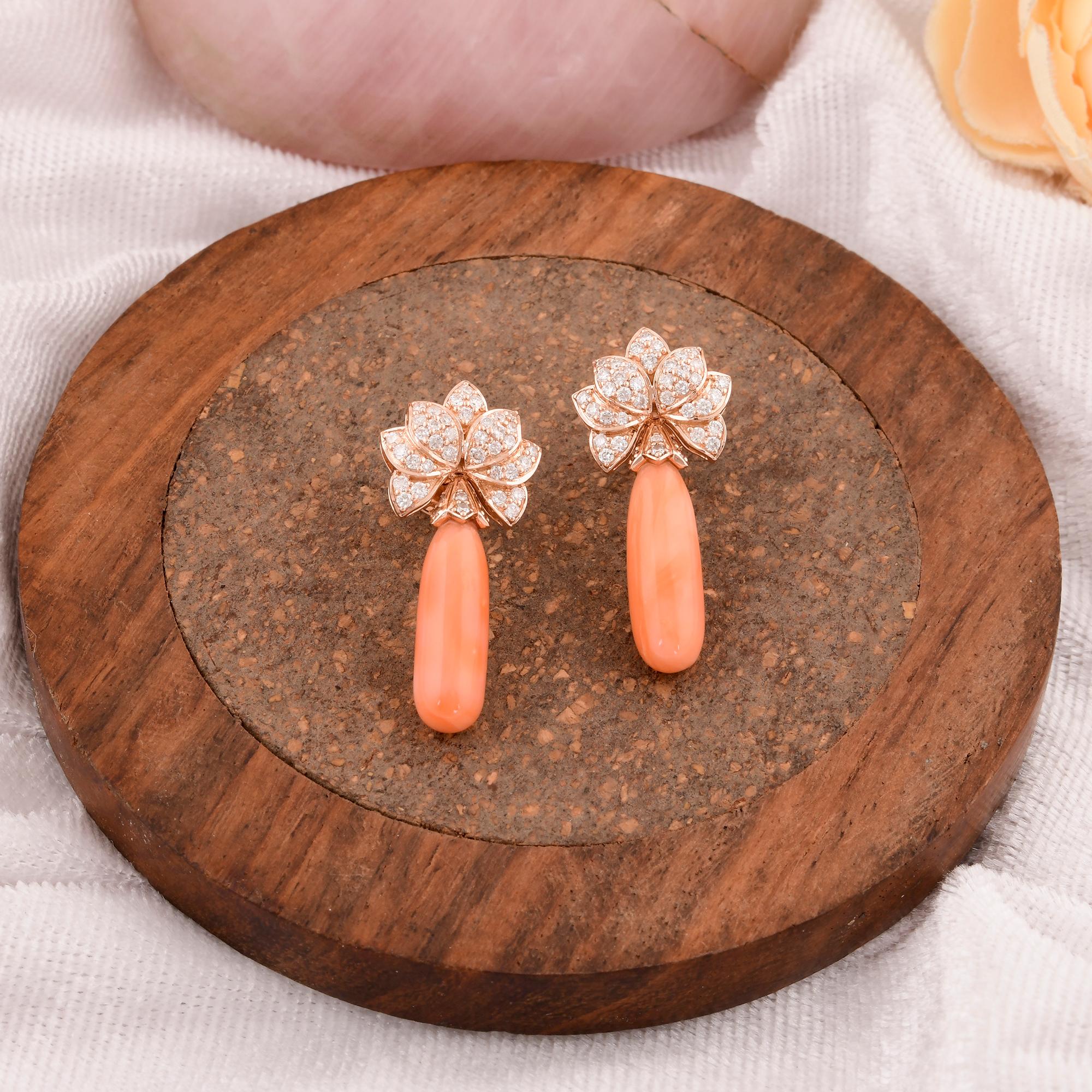 Taille boule Boucles d'oreilles pendantes Coral Gemstone Diamant Or Rose 18 carats Bijoux Artisanaux en vente