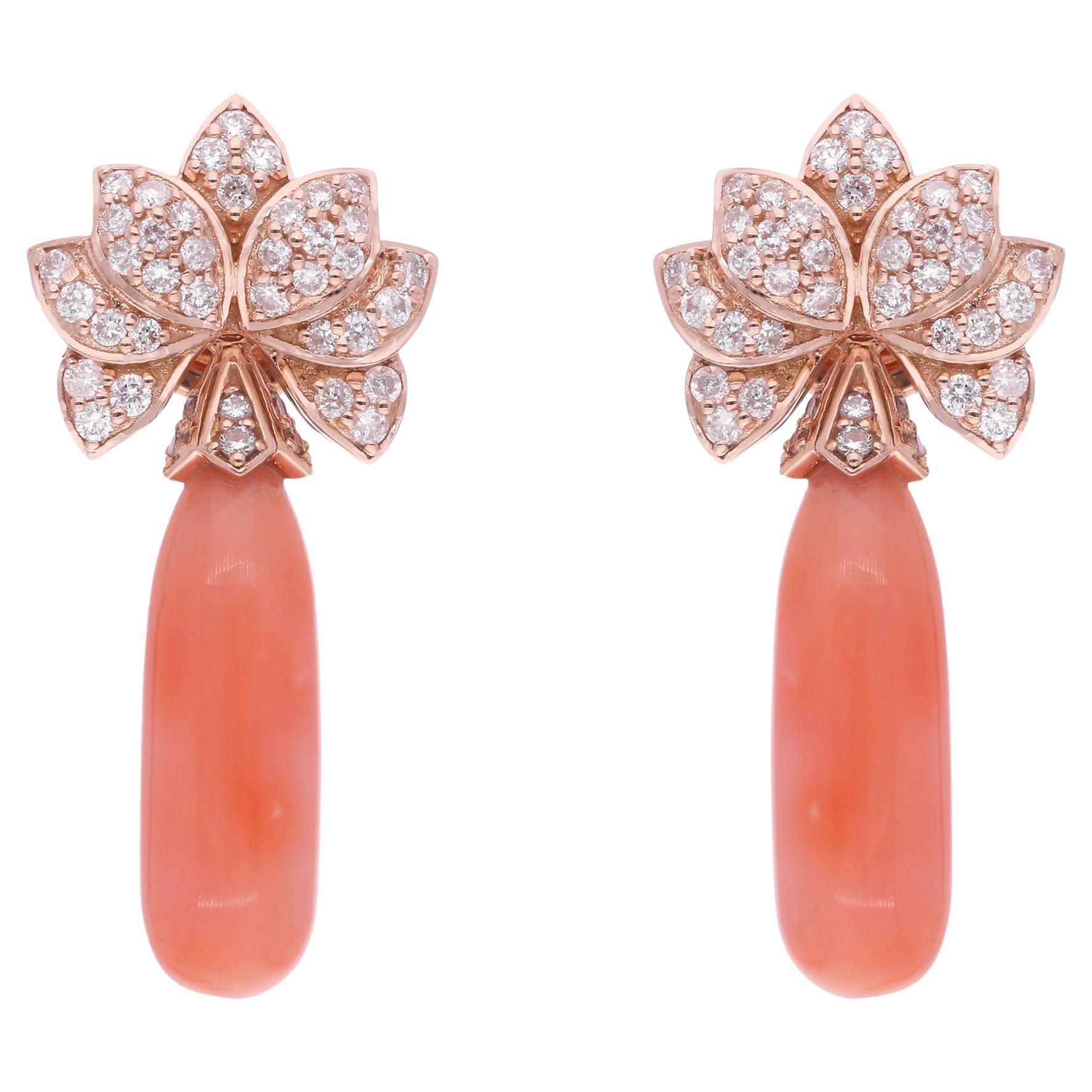 Boucles d'oreilles pendantes Coral Gemstone Diamant Or Rose 18 carats Bijoux Artisanaux en vente