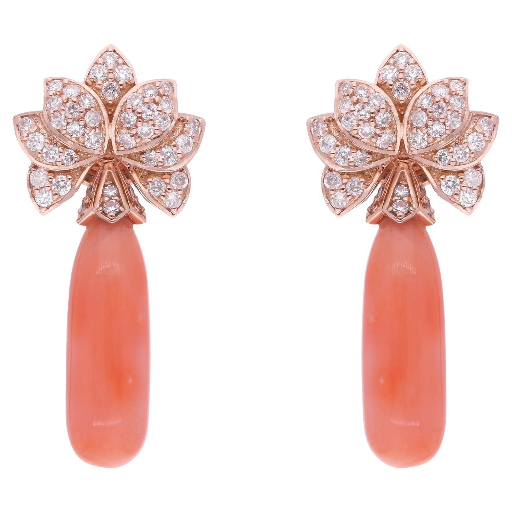 Coral Gemstone Dangle Earrings Diamond 18 Karat Rose Gold Handmade Fine Jewelry