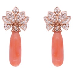 Pendientes Colgantes de Piedra Preciosa Coral Diamante Oro Rosa 18 Kilates Joyería Fina Hecha a Mano