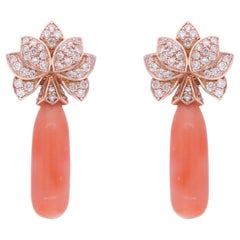 Coral Gemstone Dangle Earrings Diamond 18 Karat Rose Gold Handmade Fine Jewelry