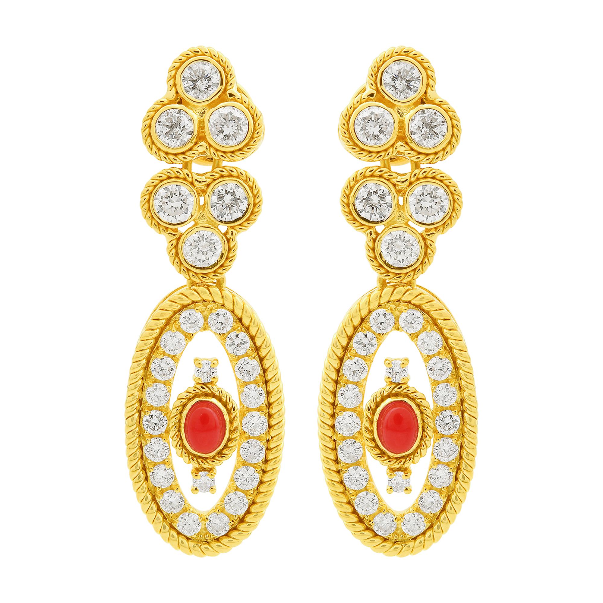 Modern Coral Gemstone Dangle Earrings Diamond 18 Karat Yellow Gold Handmade Jewelry For Sale